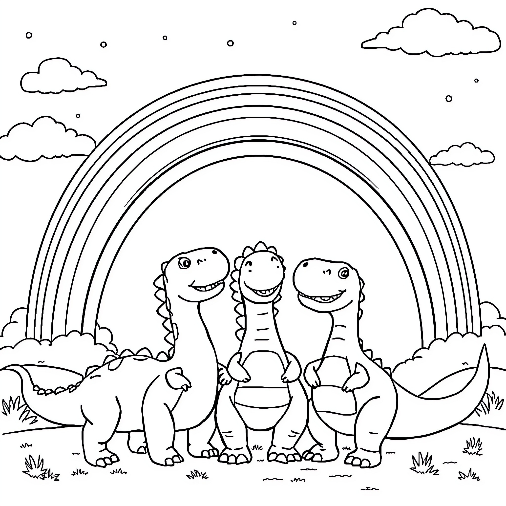Dinosaurs happily playing under a colorful rainbow Coloring Page (free black-and-white line drawing printable PDF for all, from beginners to advanced learners, including children, teens, adults, and seniors)