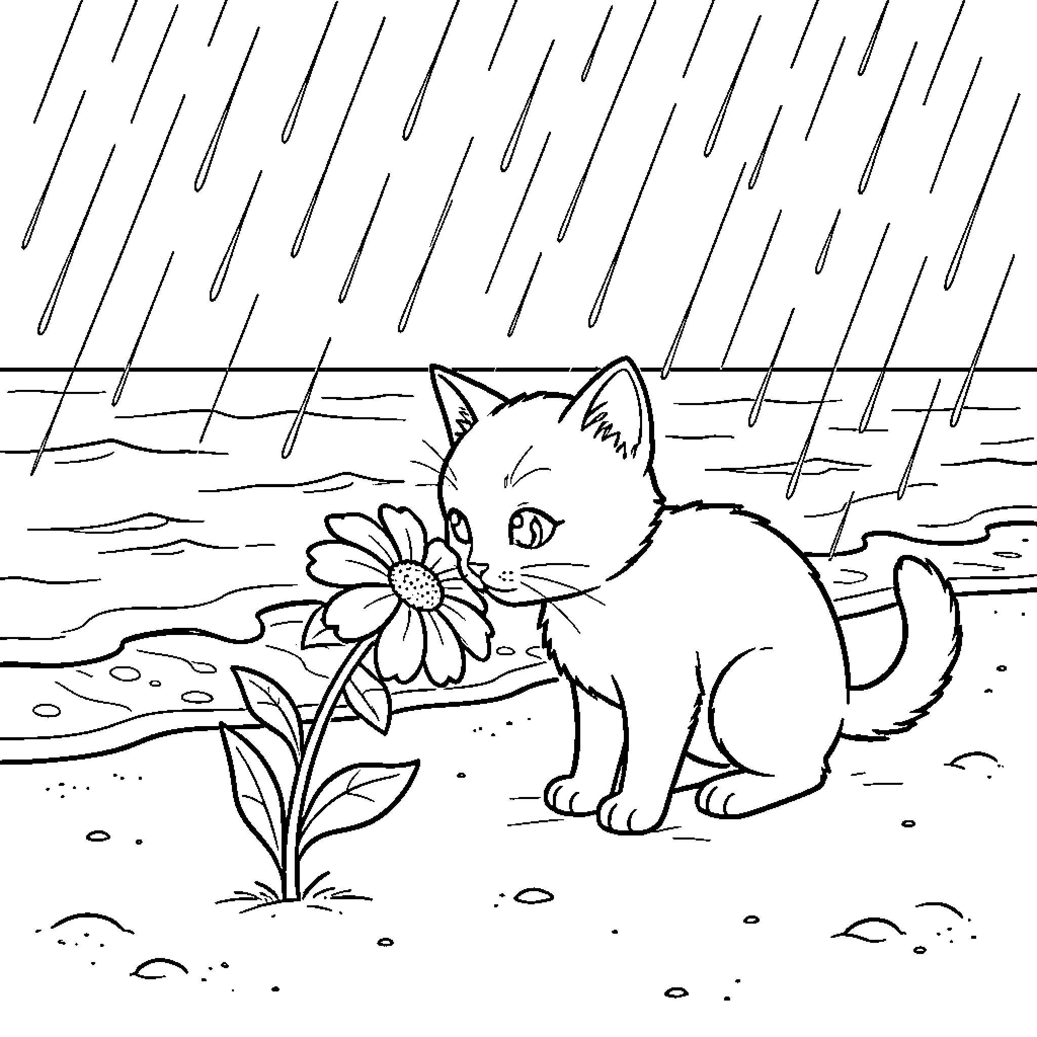 Gato playing in the rain with flowers Coloring Page (free black-and-white line drawing printable PDF for all, from beginners to advanced learners, including children, teens, adults, and seniors)