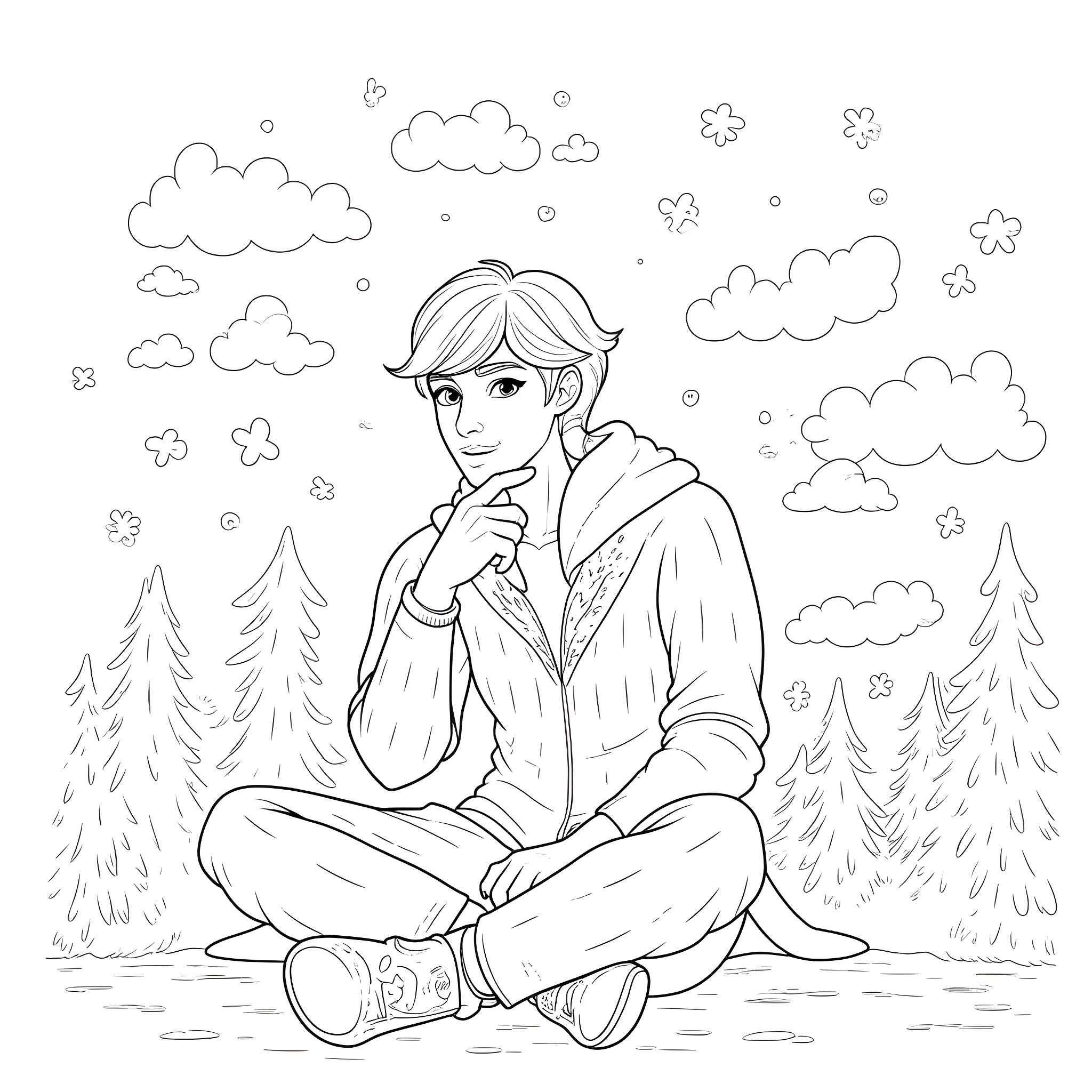 Kristoff sitting peacefully in the snowy forest Coloring Page (free black-and-white line drawing printable PDF for all, from beginners to advanced learners, including children, teens, adults, and seniors)