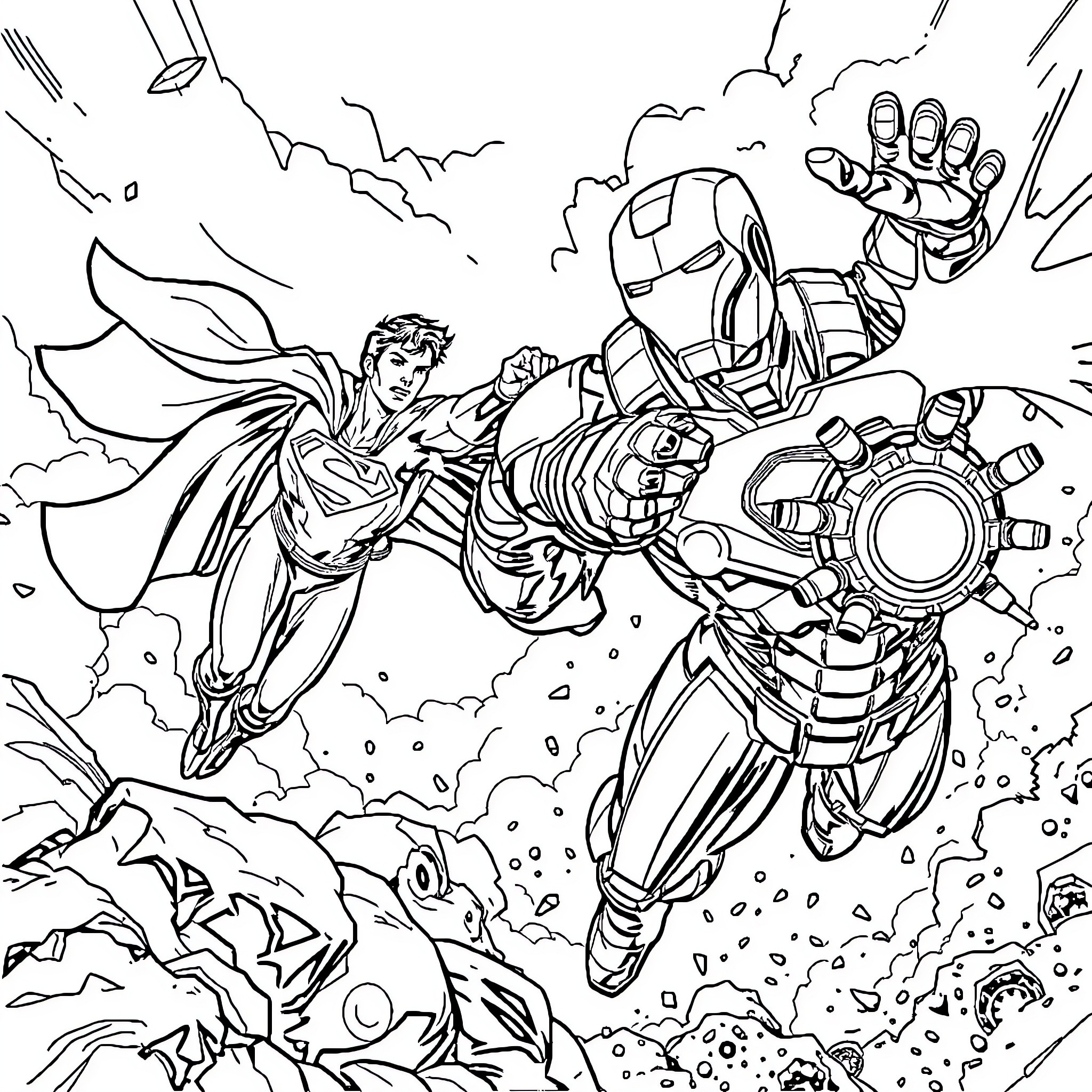 Superhero Battle in the Skies Coloring Page (free black-and-white line drawing printable PDF for all, from beginners to advanced learners, including children, teens, adults, and seniors)