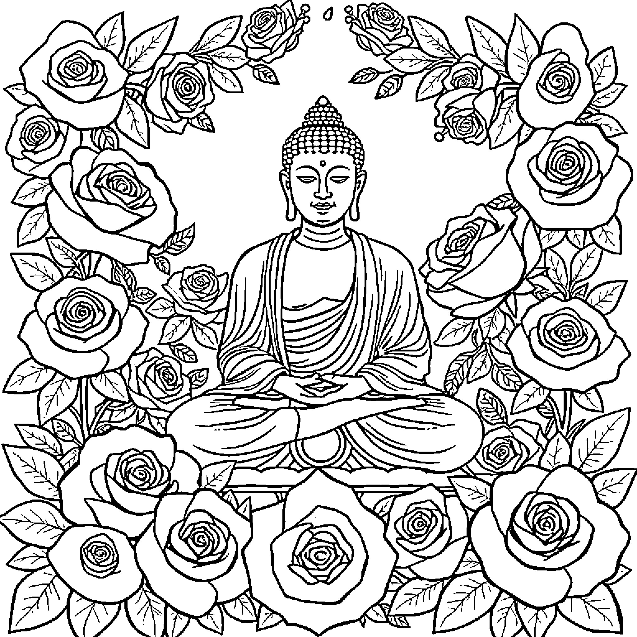 Buddha surrounded by blossoming roses Coloring Page (free black-and-white line drawing printable PDF for all, from beginners to advanced learners, including children, teens, adults, and seniors)