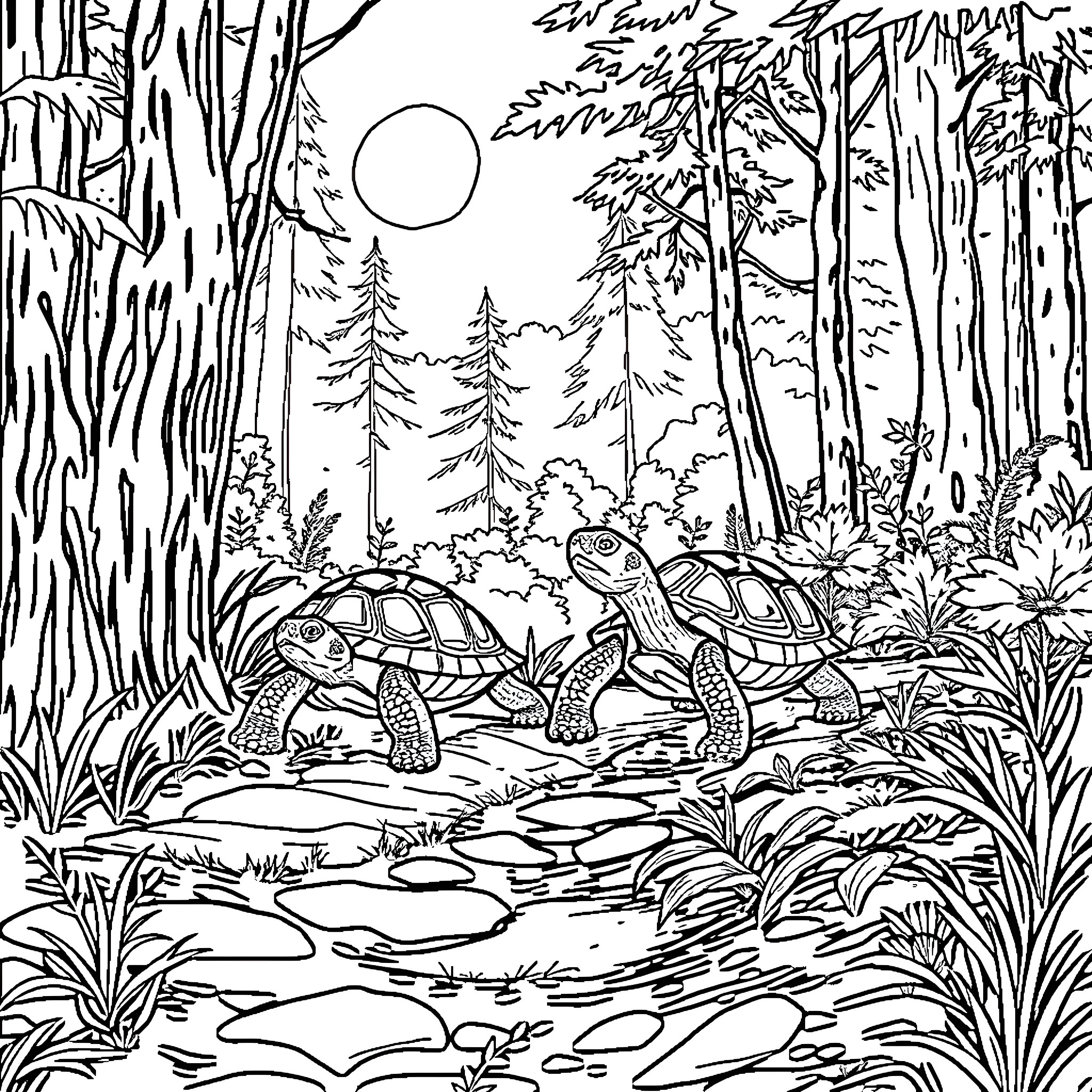 Turtles exploring the serene forest landscape Coloring Page (free black-and-white line drawing printable PDF for all, from beginners to advanced learners, including children, teens, adults, and seniors)
