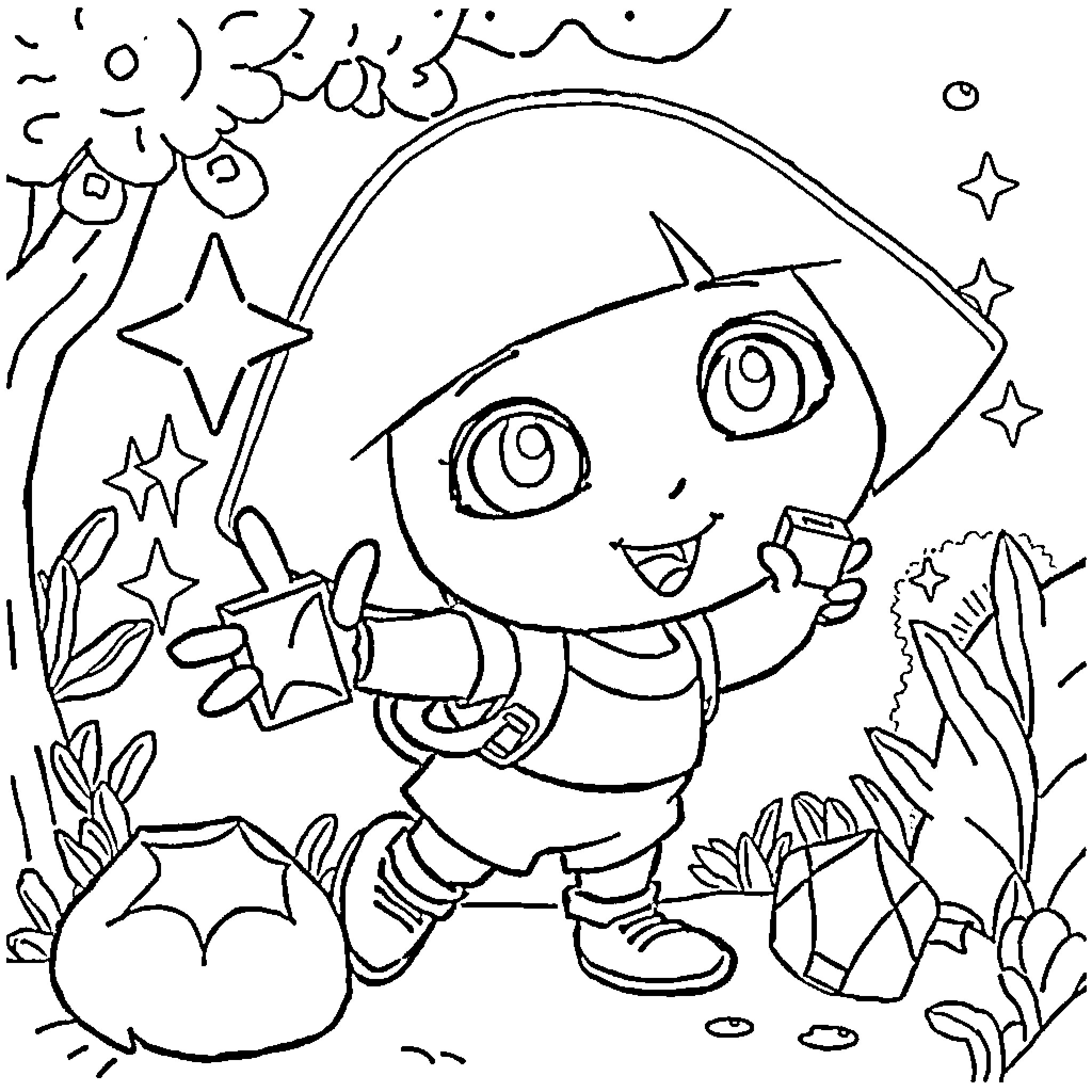Dora exploring the magical forest with stars Coloring Page (free black-and-white line drawing printable PDF for all, from beginners to advanced learners, including children, teens, adults, and seniors)