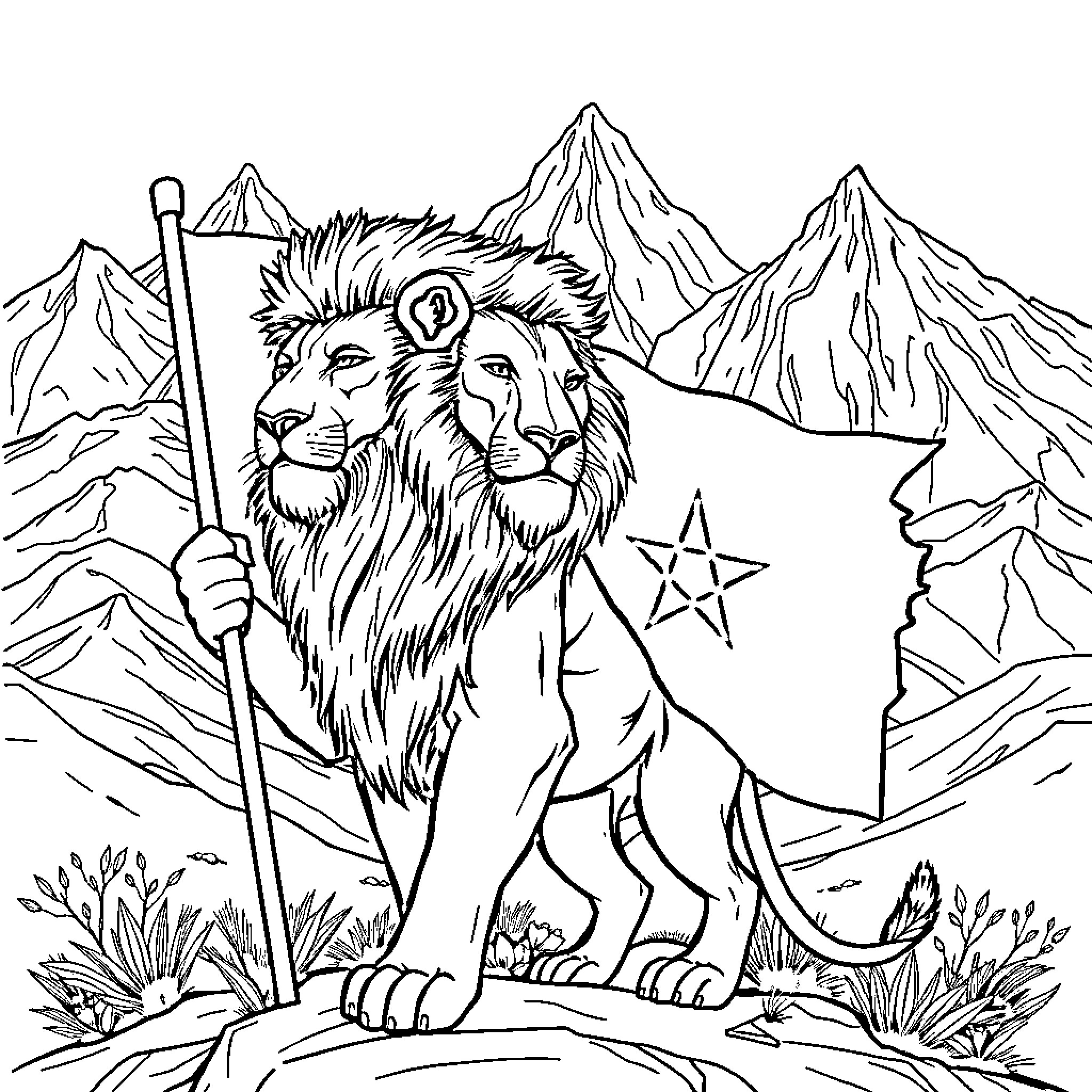 Lion with staff standing amidst mountainous landscape Coloring Page (free black-and-white line drawing printable PDF for all, from beginners to advanced learners, including children, teens, adults, and seniors)