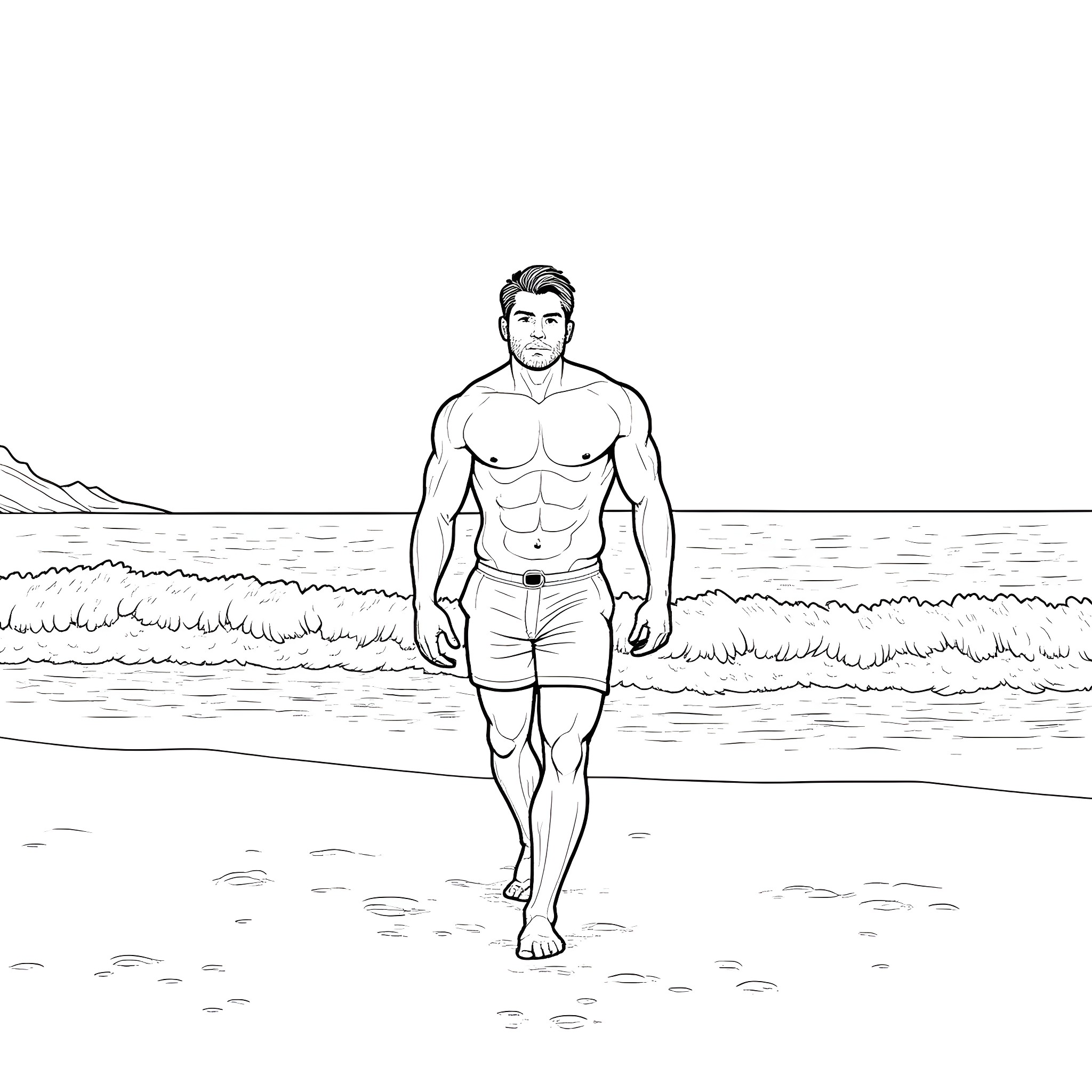 Bodybuilder walking confidently on the beach Coloring Page (free black-and-white line drawing printable PDF for all, from beginners to advanced learners, including children, teens, adults, and seniors)