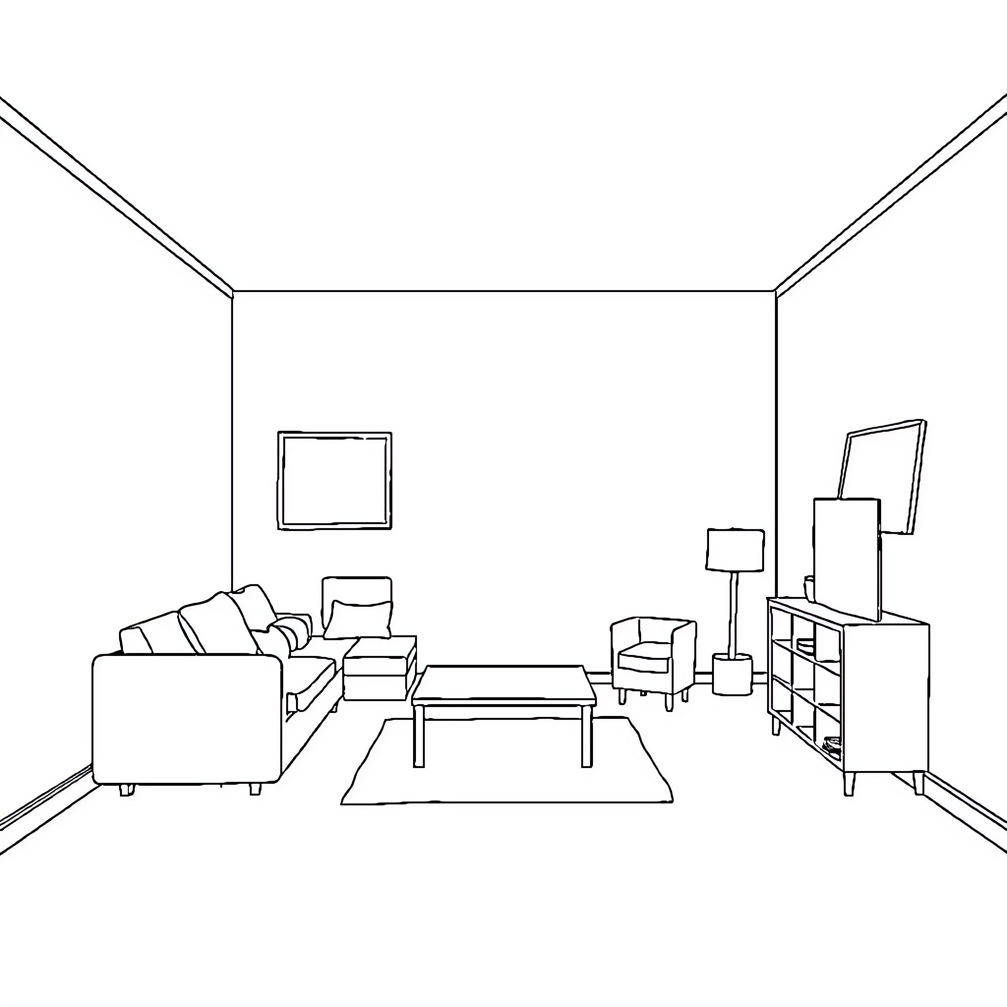 Plain room with furniture and decor Coloring Page (free black-and-white line drawing printable PDF for all, from beginners to advanced learners, including children, teens, adults, and seniors)