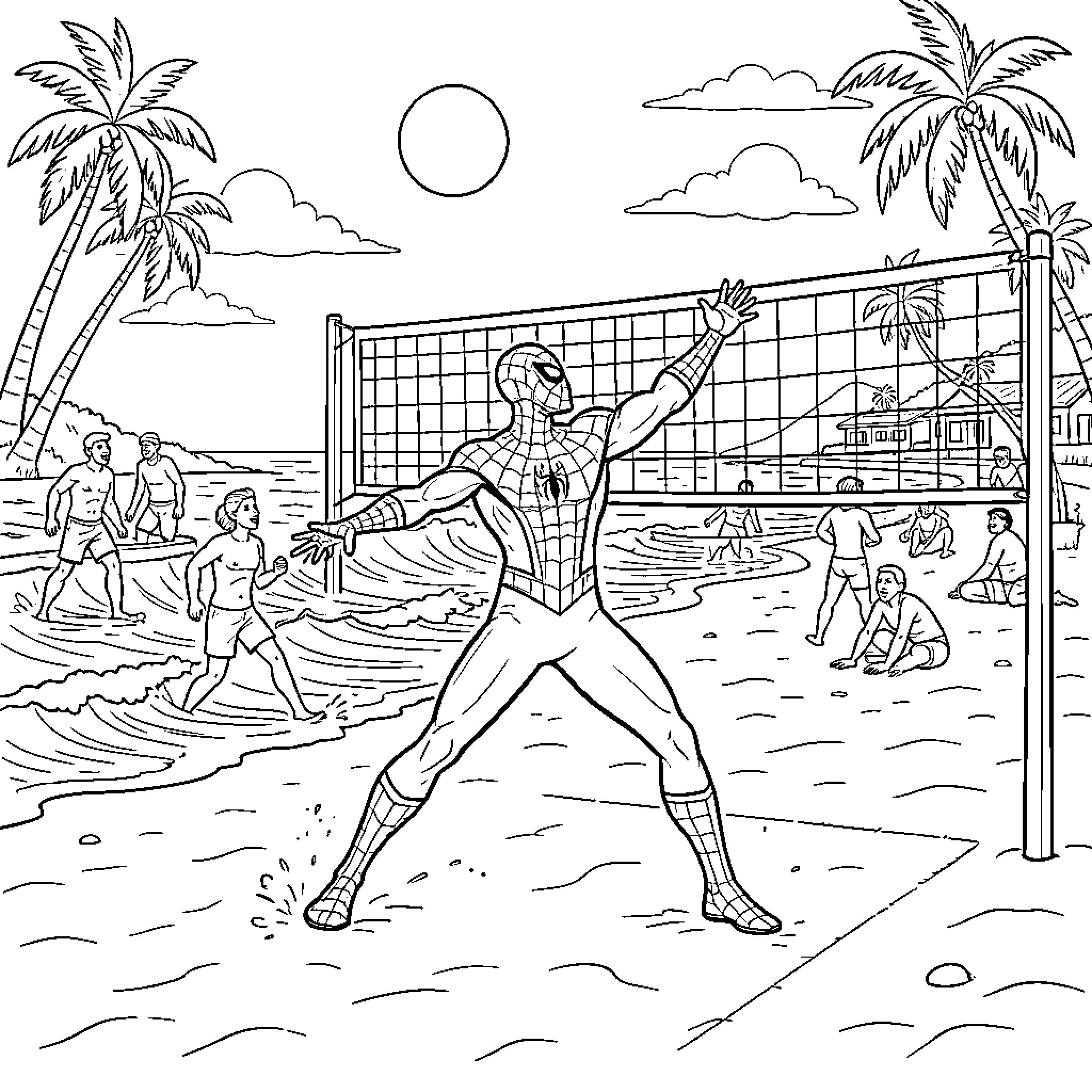 Spiderman playing volleyball on the beach Coloring Page (free black-and-white line drawing printable PDF for all, from beginners to advanced learners, including children, teens, adults, and seniors)