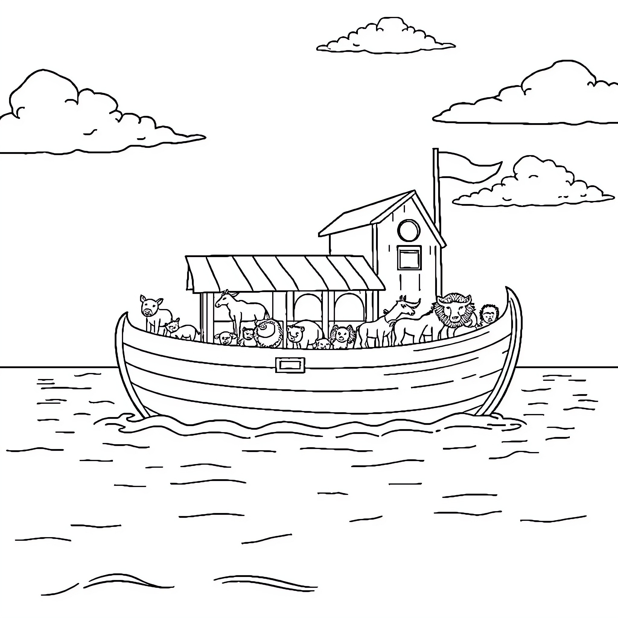 Noah's Ark with Animals Aboard Sailing on the Waves Coloring Page (free black-and-white line drawing printable PDF for all, from beginners to advanced learners, including children, teens, adults, and seniors)