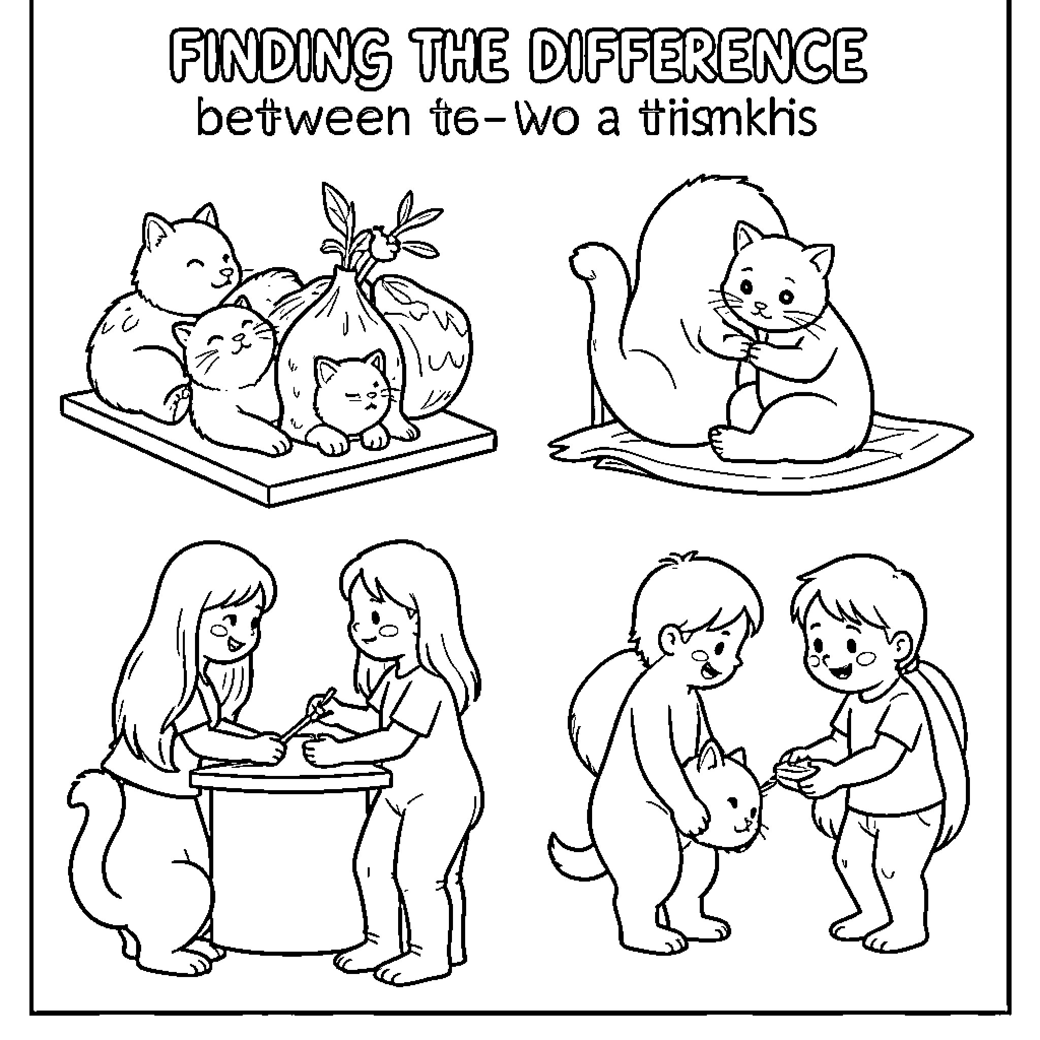 Finding Difference between cute animals and playing children Coloring Page (free black-and-white line drawing printable PDF for all, from beginners to advanced learners, including children, teens, adults, and seniors)