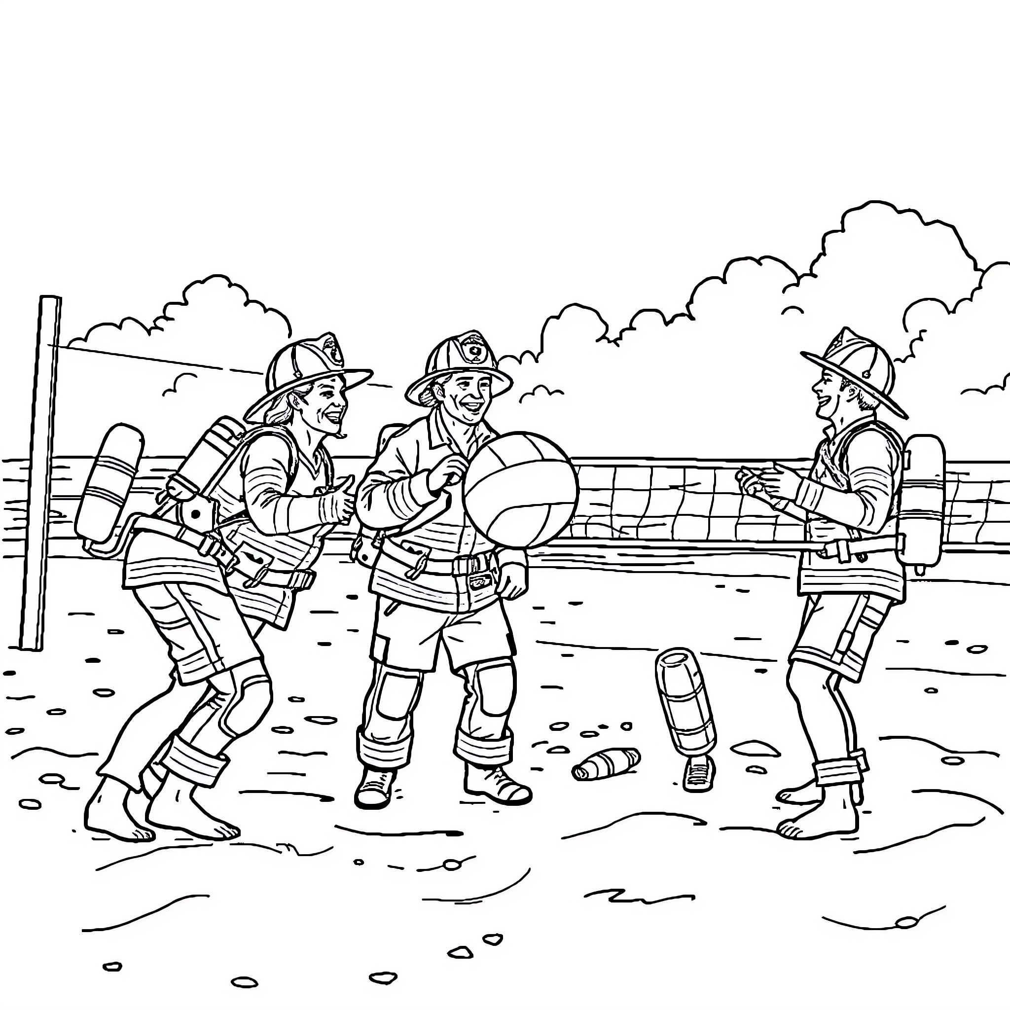Firefighters working together at the scene Coloring Page (free black-and-white line drawing printable PDF for all, from beginners to advanced learners, including children, teens, adults, and seniors)