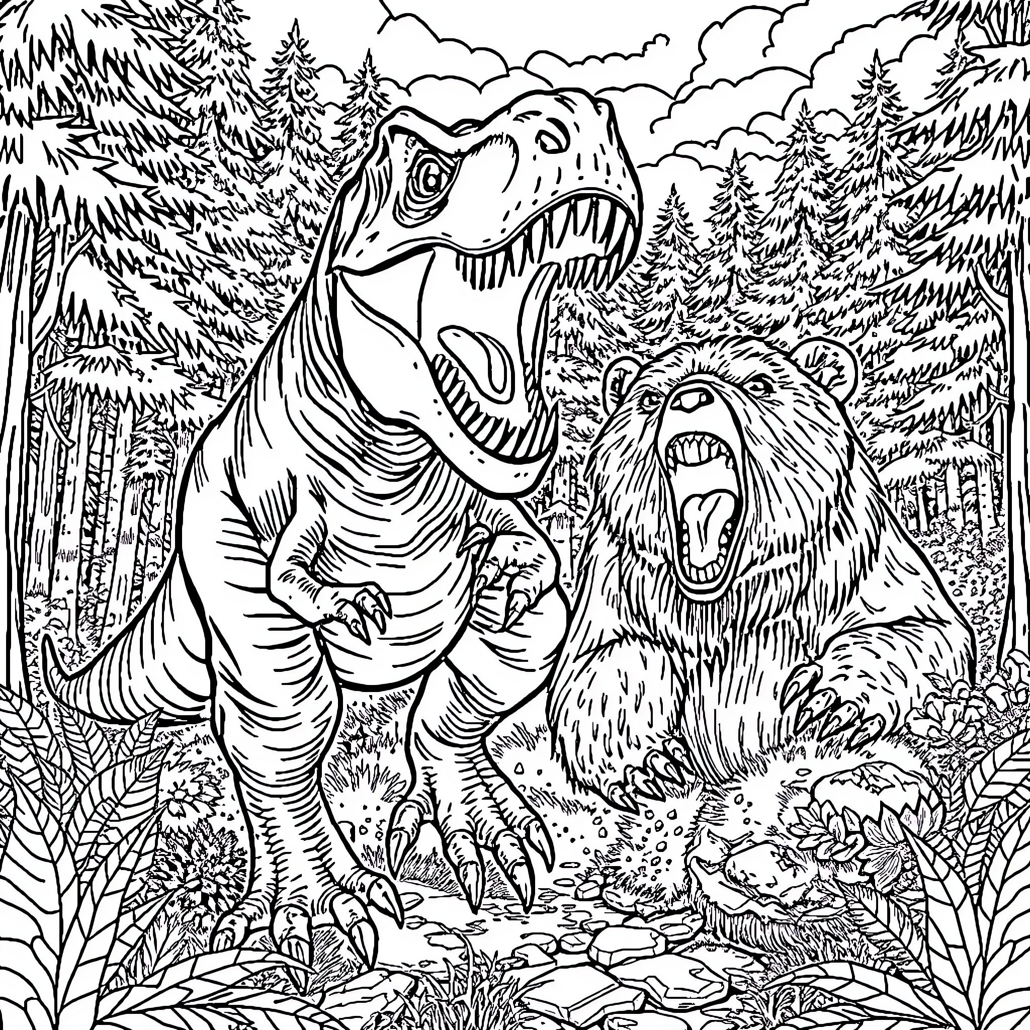 T-Rex Roaring at the Growling Bear in the Forest Coloring Page (free black-and-white line drawing printable PDF for all, from beginners to advanced learners, including children, teens, adults, and seniors)