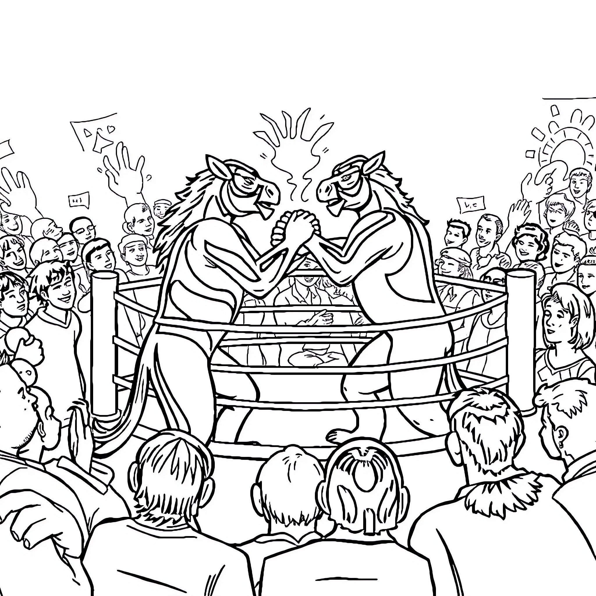 Cockroach wrestlers entertaining the audience in a ring Coloring Page (free black-and-white line drawing printable PDF for all, from beginners to advanced learners, including children, teens, adults, and seniors)