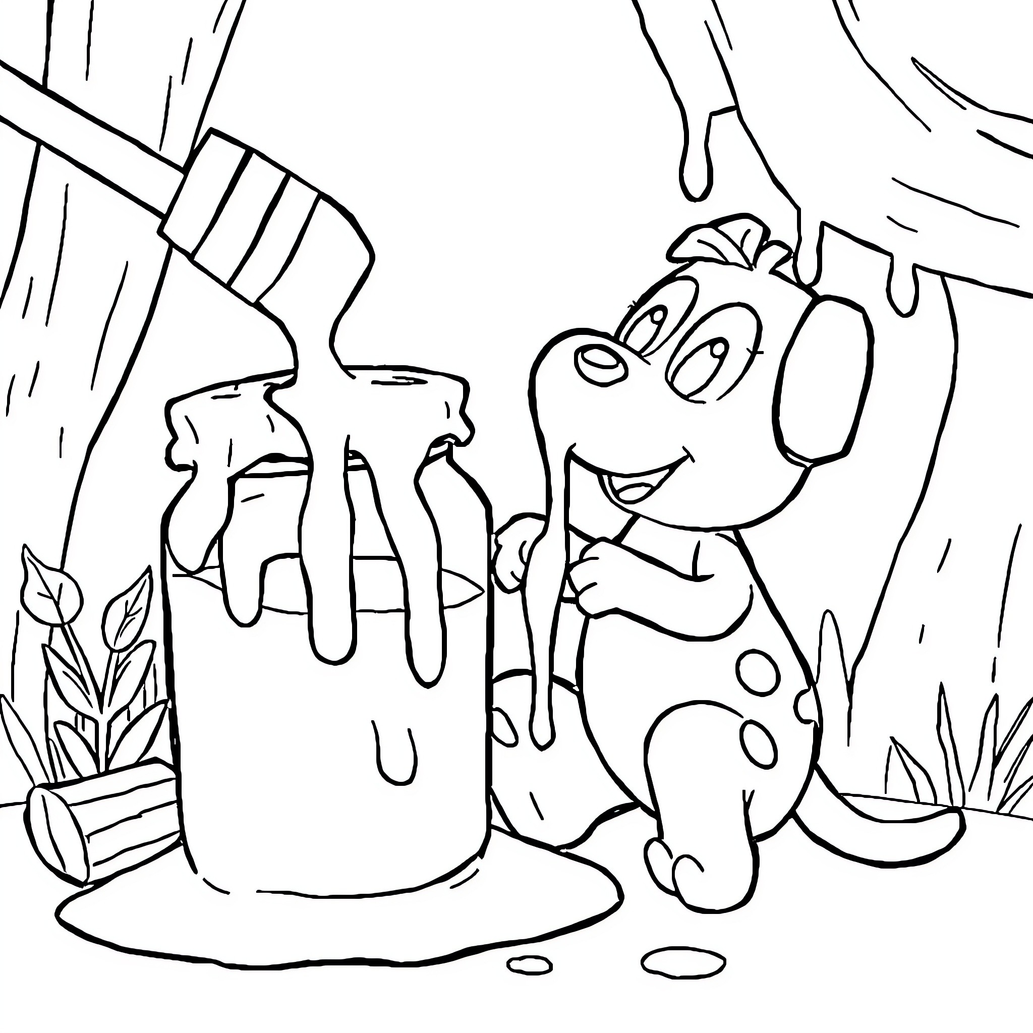 Noody playing happily with paint bucket in the forest Coloring Page (free black-and-white line drawing printable PDF for all, from beginners to advanced learners, including children, teens, adults, and seniors)
