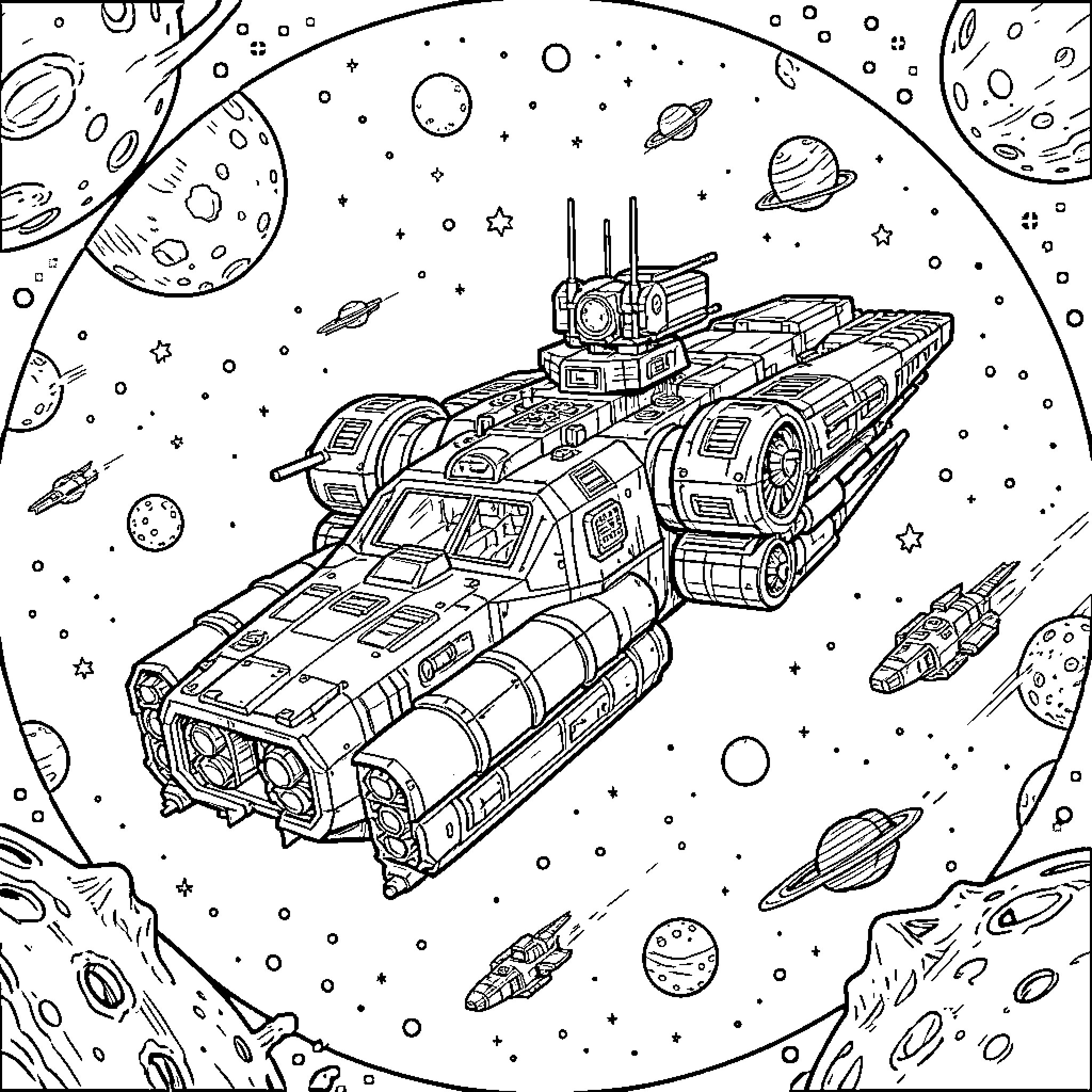 Warhammer 40k Ship cruising through a star-filled galaxy Coloring Page (free black-and-white line drawing printable PDF for all, from beginners to advanced learners, including children, teens, adults, and seniors)