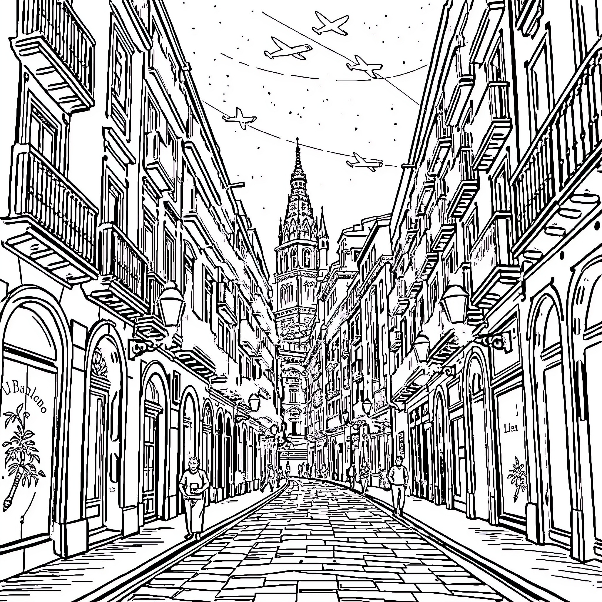 Barcelona street scene with historic architecture and flying birds Coloring Page (free black-and-white line drawing printable PDF for all, from beginners to advanced learners, including children, teens, adults, and seniors)