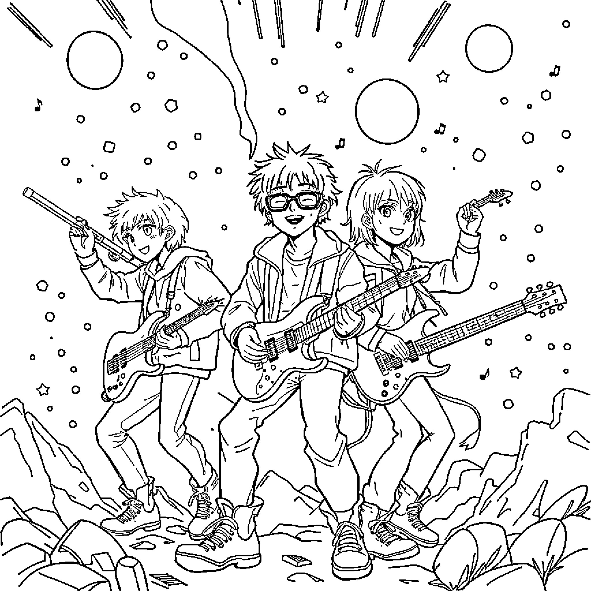 K Pop Band Performing on Stage with Enthusiasm Coloring Page (free black-and-white line drawing printable PDF for all, from beginners to advanced learners, including children, teens, adults, and seniors)