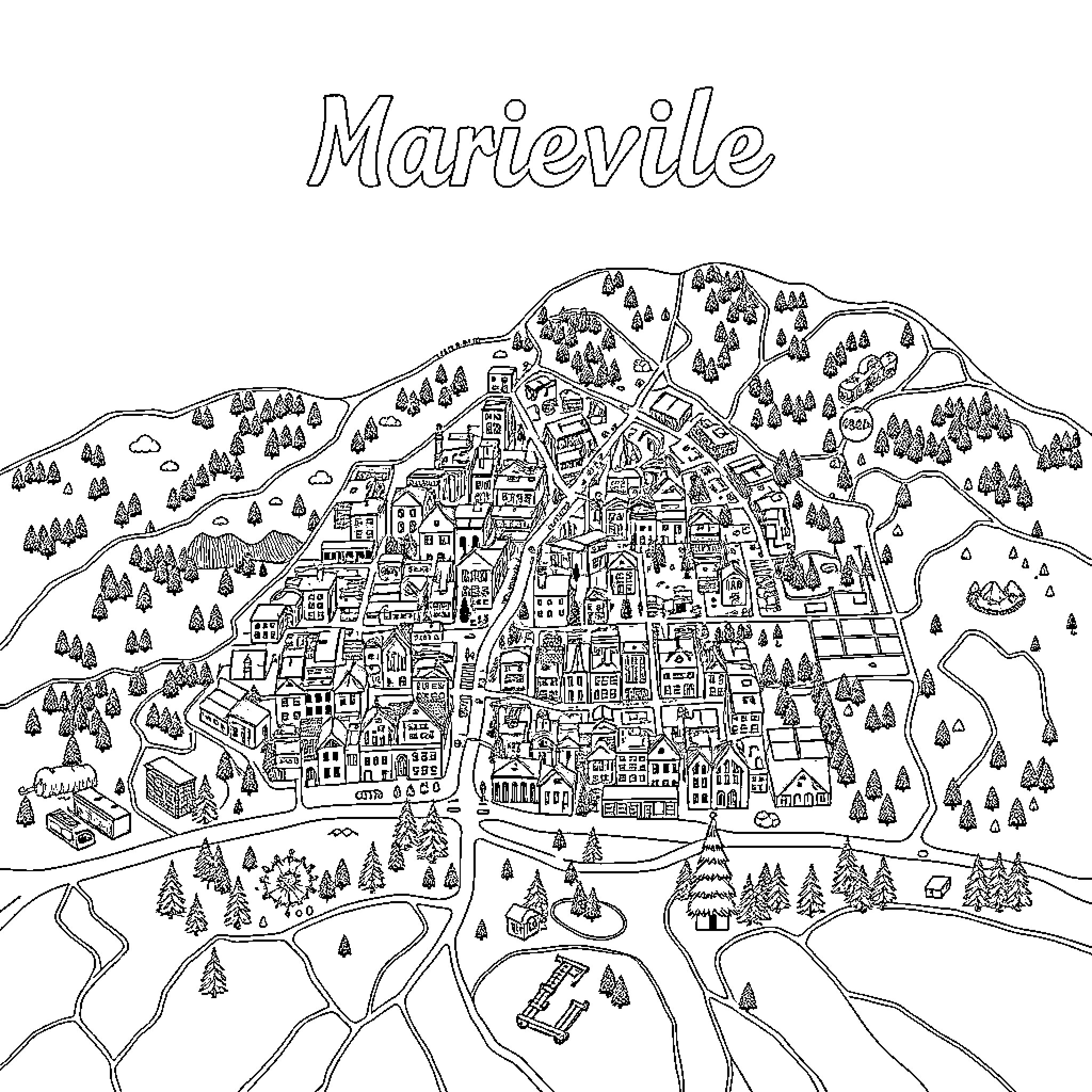 Map of a bustling town with diverse buildings and landscapes Coloring Page (free black-and-white line drawing printable PDF for all, from beginners to advanced learners, including children, teens, adults, and seniors)