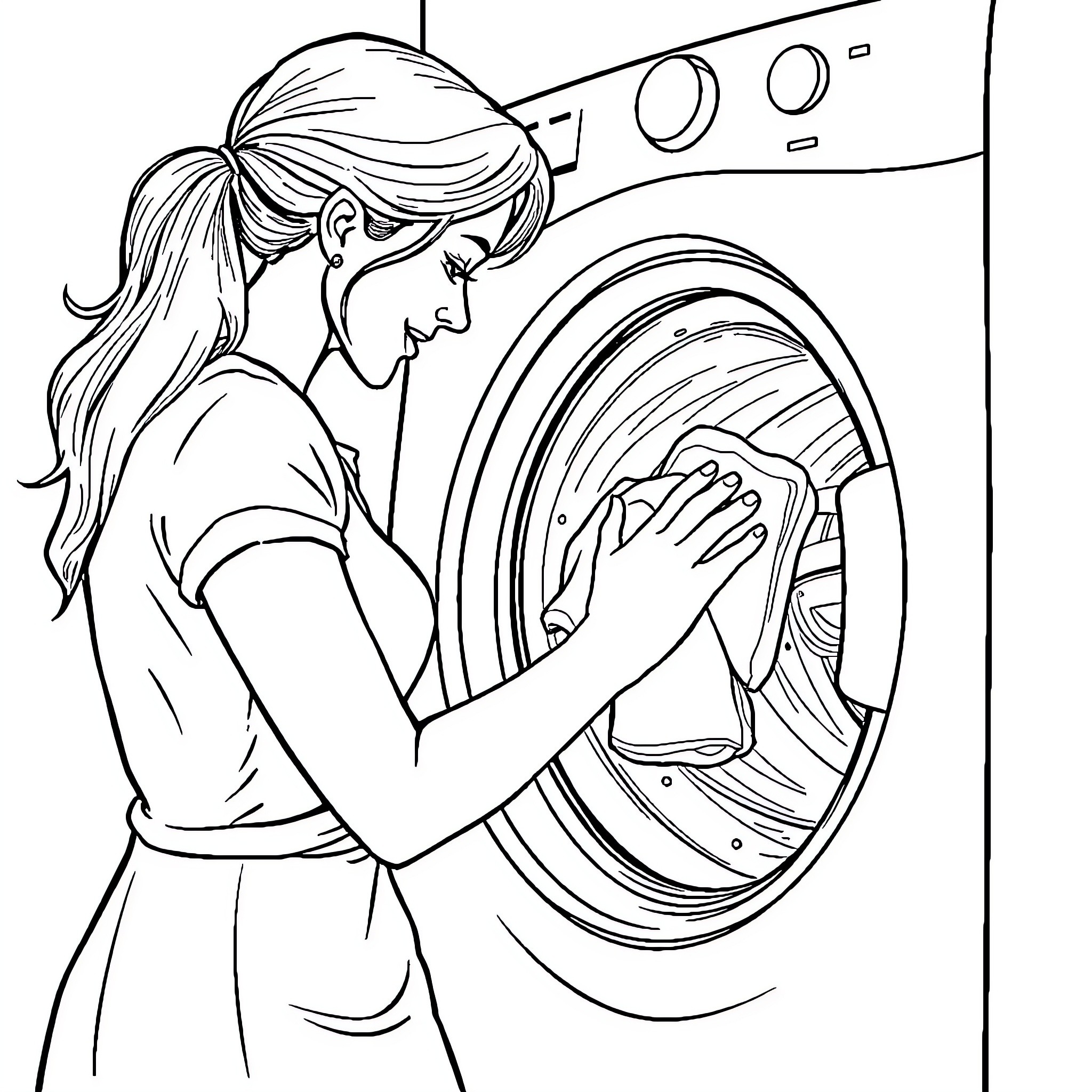 Woman doing laundry in washing machine Coloring Page (free black-and-white line drawing printable PDF for all, from beginners to advanced learners, including children, teens, adults, and seniors)