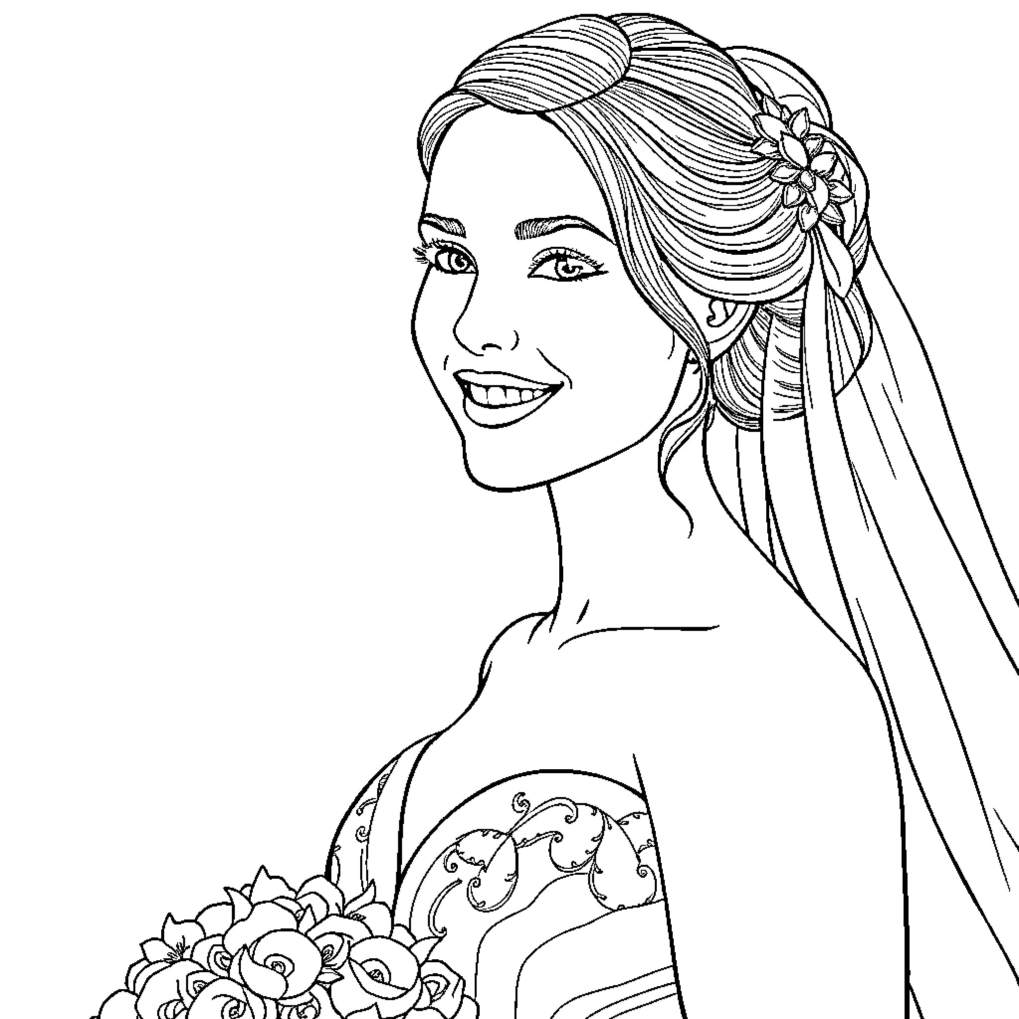 Bride with floral headpiece and elegant dress Coloring Page (free black-and-white line drawing printable PDF for all, from beginners to advanced learners, including children, teens, adults, and seniors)
