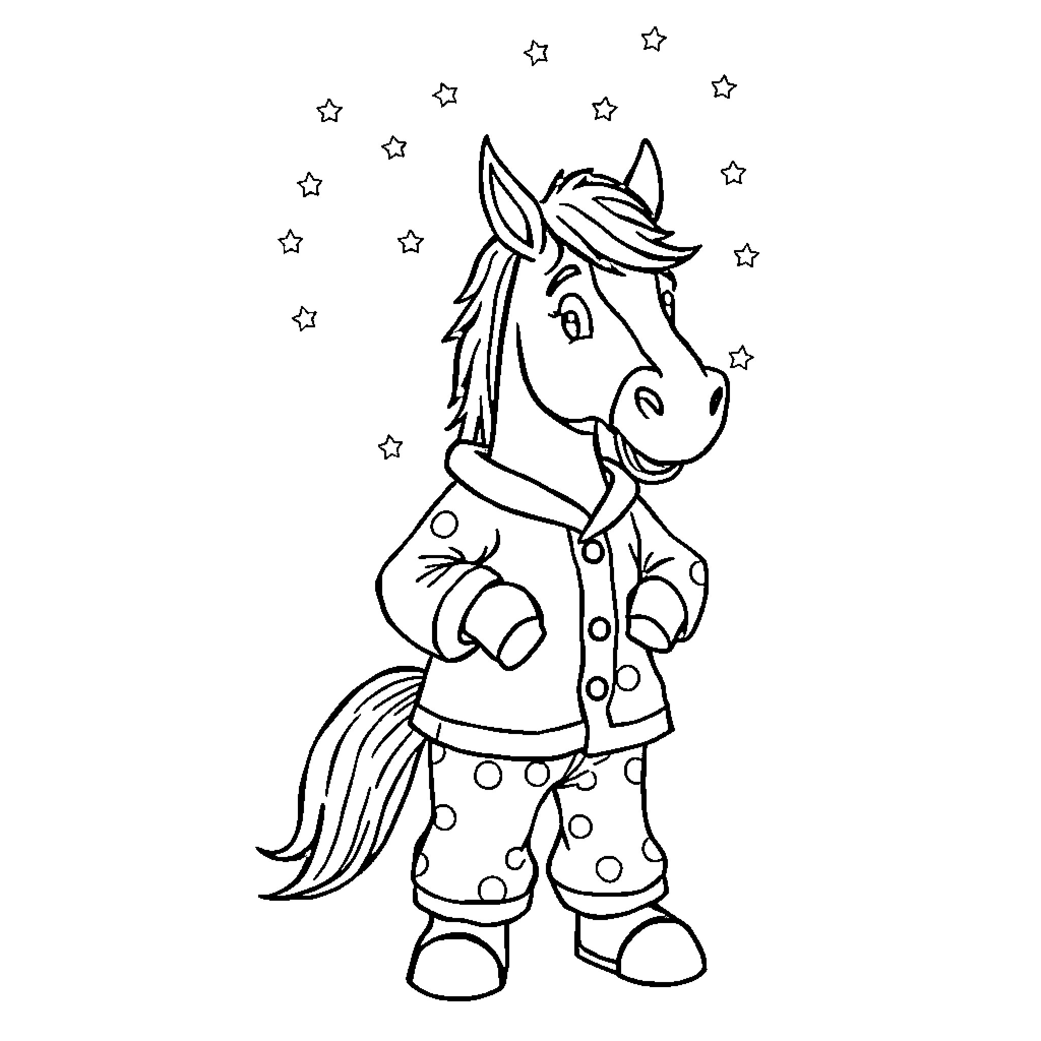 Mustang horse in whimsical outfit with stars Coloring Page (free black-and-white line drawing printable PDF for all, from beginners to advanced learners, including children, teens, adults, and seniors)
