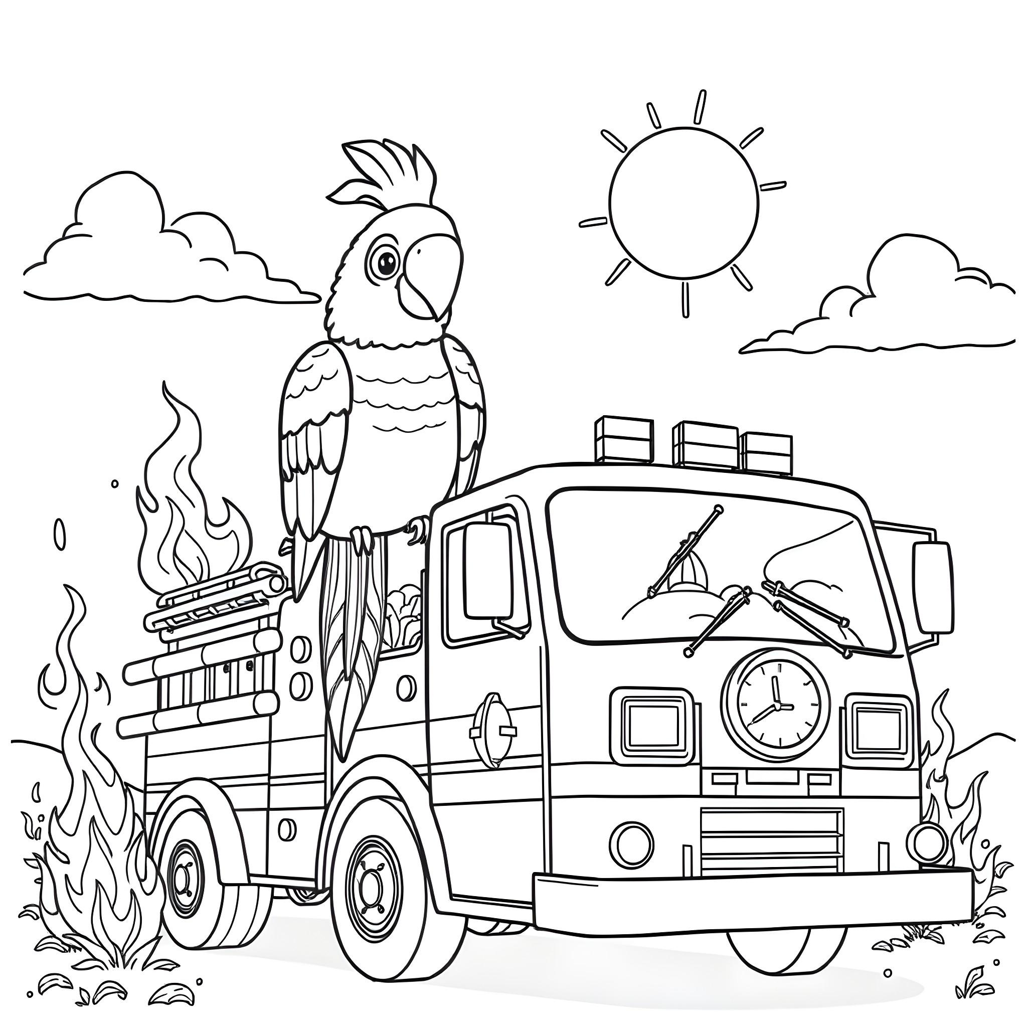 Firetruck responding to emergency with parrot onboard Coloring Page (free black-and-white line drawing printable PDF for all, from beginners to advanced learners, including children, teens, adults, and seniors)