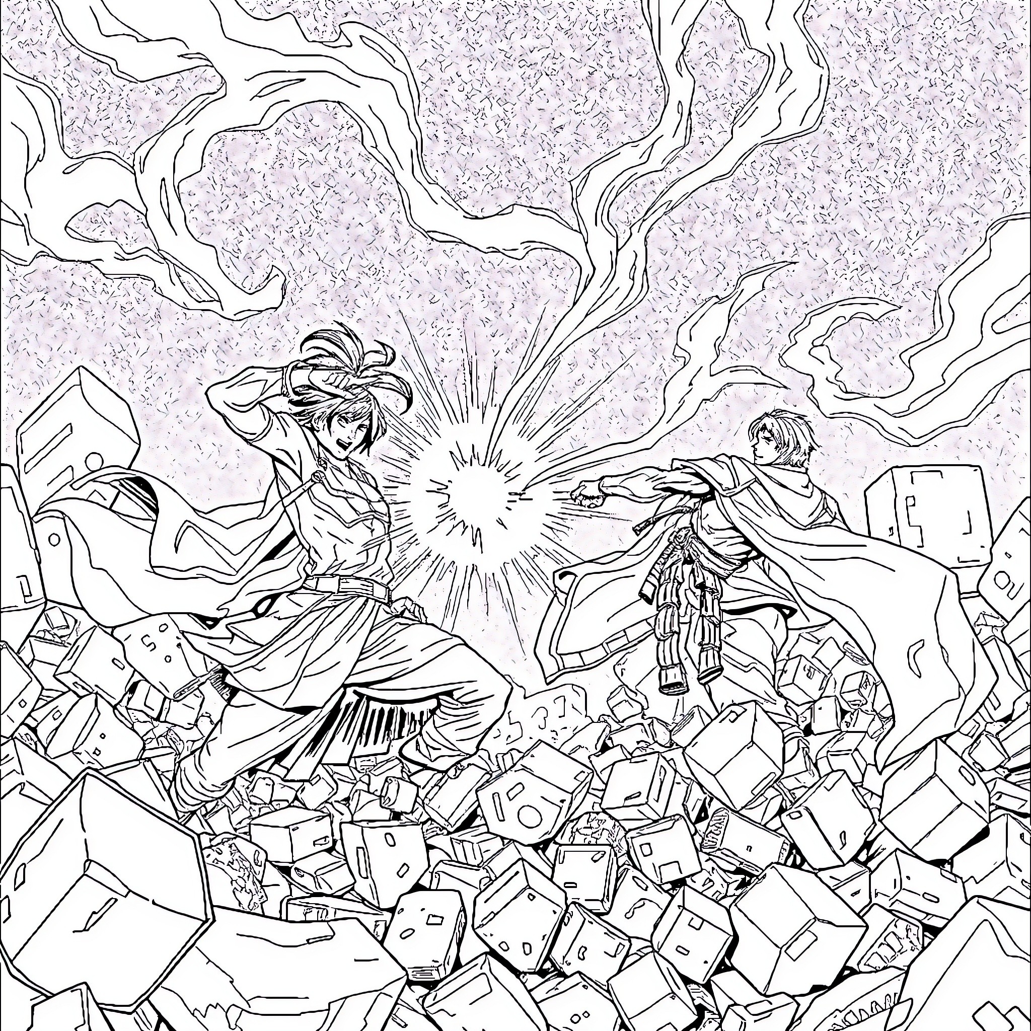 Jinwoo's epic battle amidst the rubble Coloring Page (free black-and-white line drawing printable PDF for all, from beginners to advanced learners, including children, teens, adults, and seniors)
