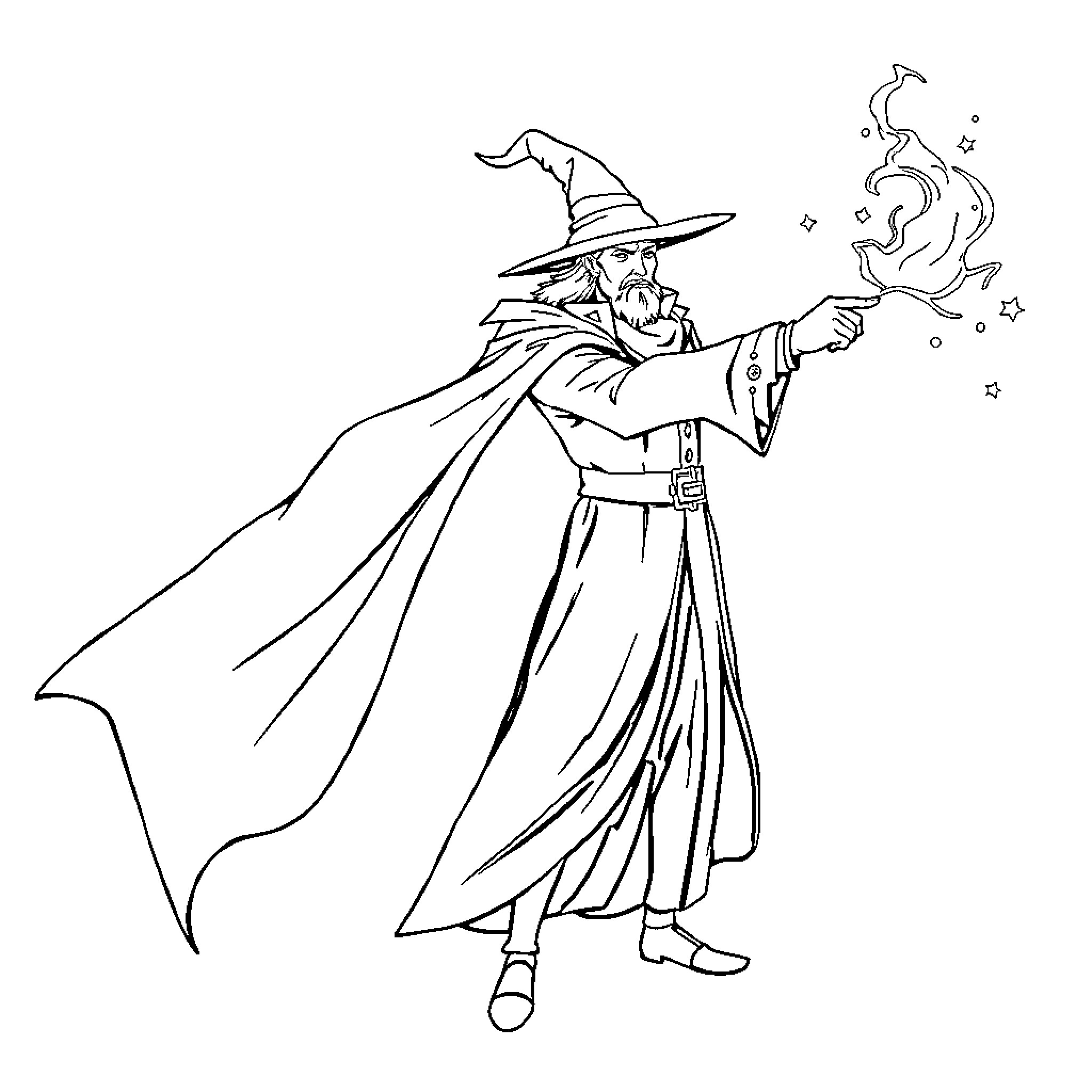 Wizard casting a magical spell with wand Coloring Page (free black-and-white line drawing printable PDF for all, from beginners to advanced learners, including children, teens, adults, and seniors)