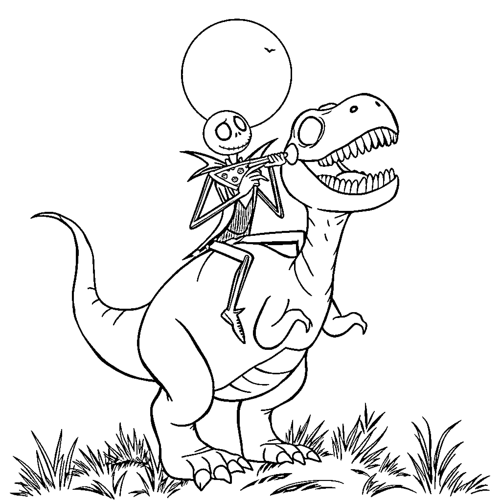 Jack Skellington riding a dinosaur with a balloon Coloring Page (free black-and-white line drawing printable PDF for all, from beginners to advanced learners, including children, teens, adults, and seniors)