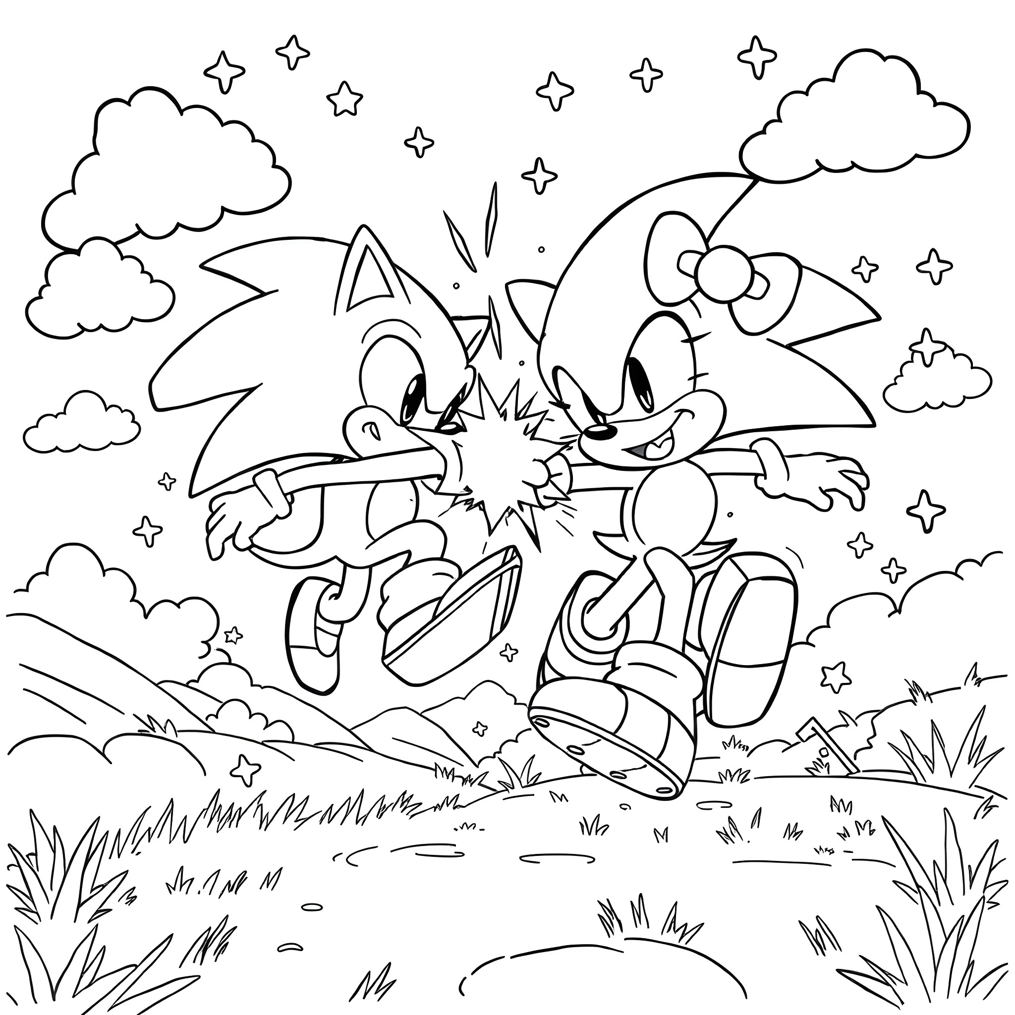 Sonic and Friends' Playful Adventure Coloring Page (free black-and-white line drawing printable PDF for all, from beginners to advanced learners, including children, teens, adults, and seniors)