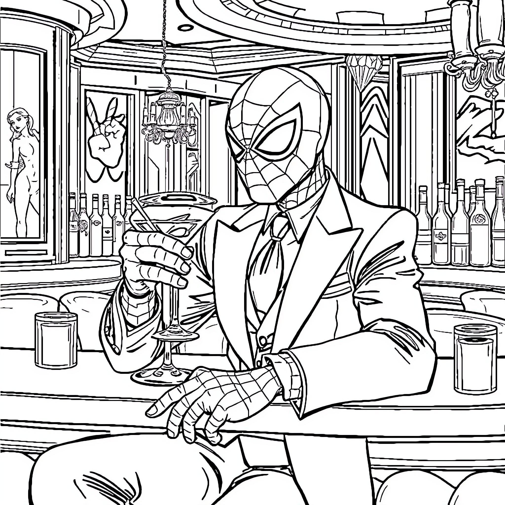 Spider-Man enjoying a drink in a sophisticated bar Coloring Page (free black-and-white line drawing printable PDF for all, from beginners to advanced learners, including children, teens, adults, and seniors)