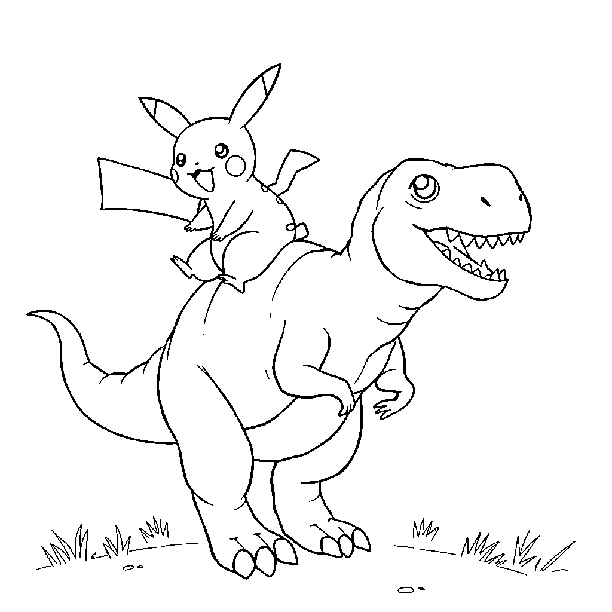 Pikachu riding a friendly T-Rex in the wild Coloring Page (free black-and-white line drawing printable PDF for all, from beginners to advanced learners, including children, teens, adults, and seniors)