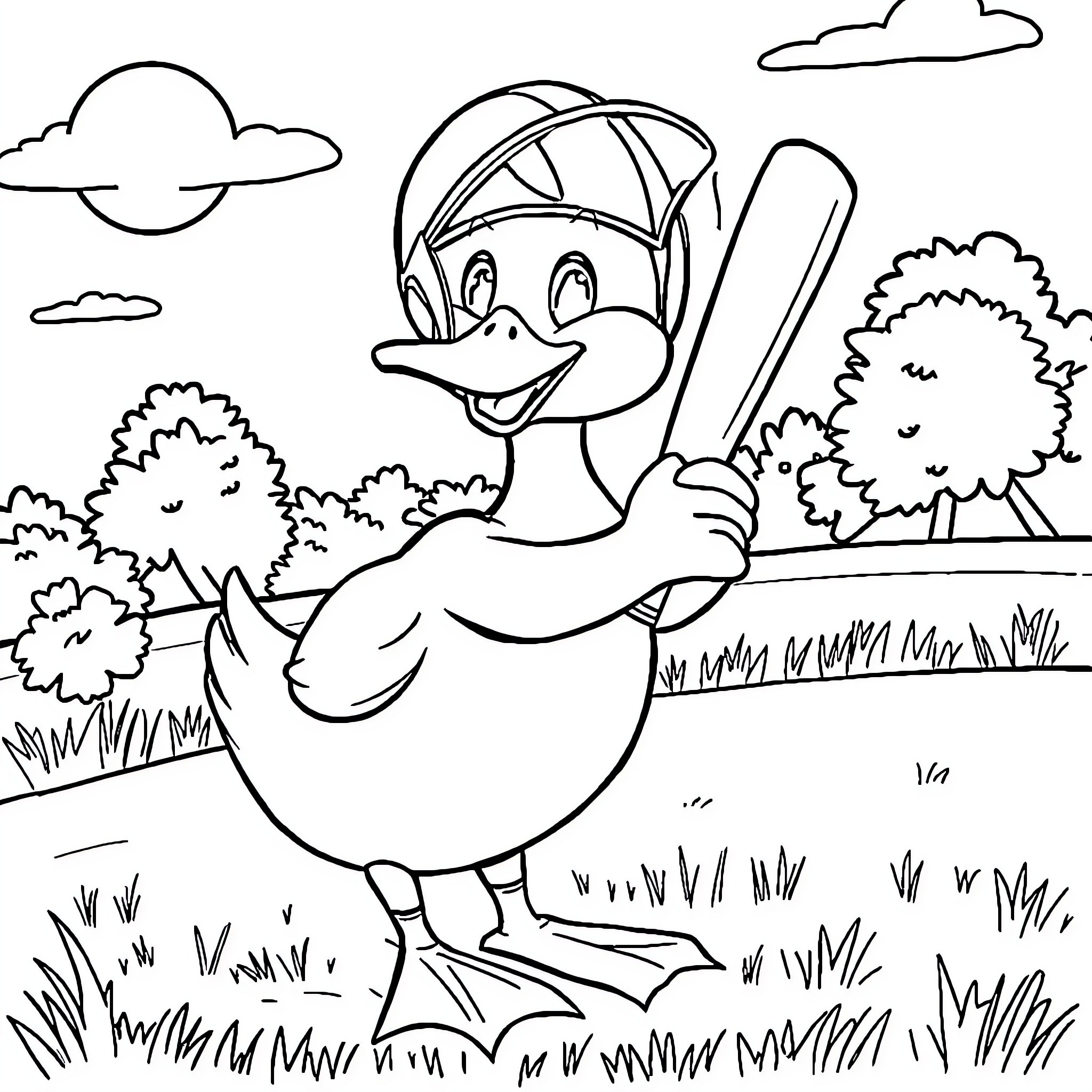 Duck holding a baseball bat in a field Coloring Page (free black-and-white line drawing printable PDF for all, from beginners to advanced learners, including children, teens, adults, and seniors)
