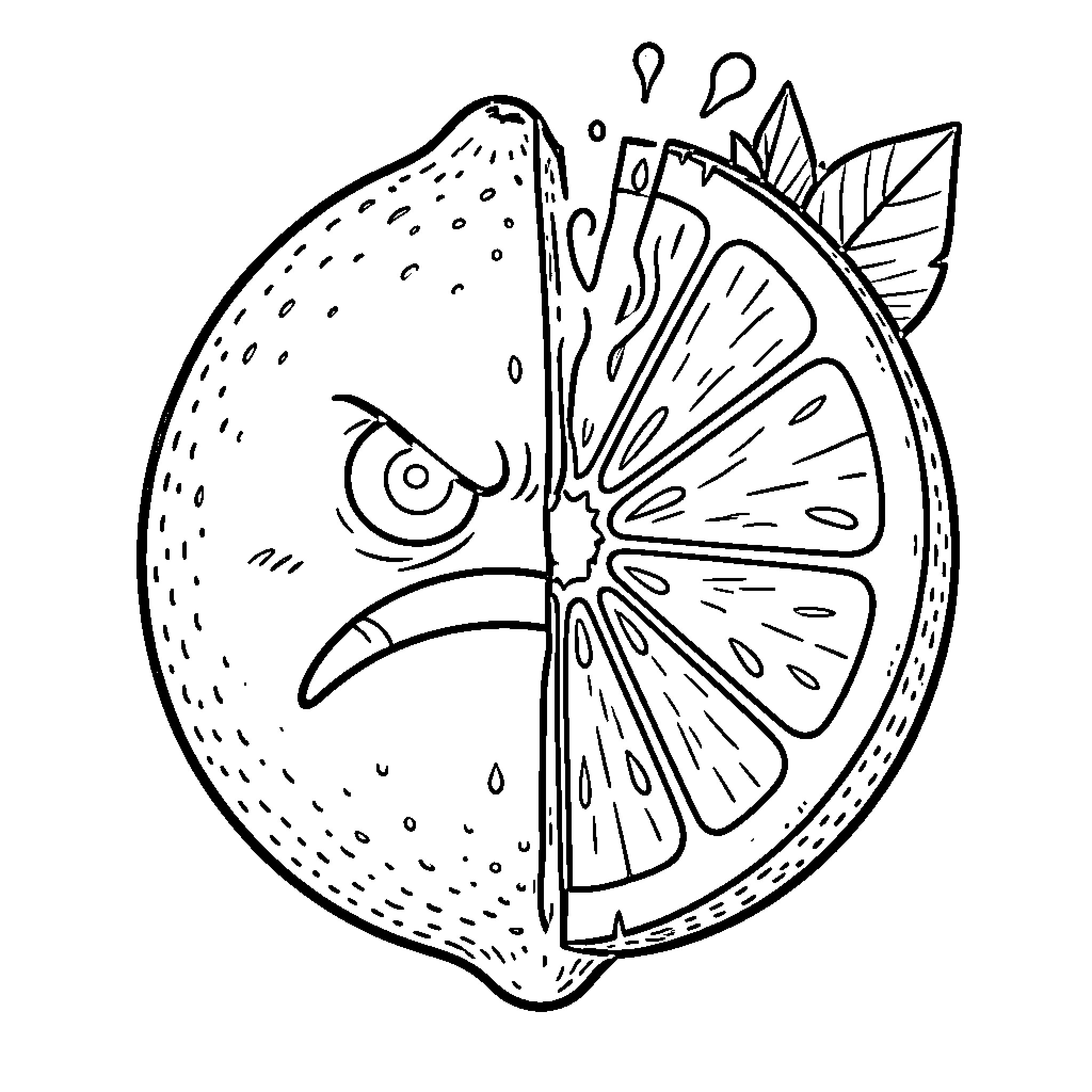 Lemon Warrior Fish Emerges from the Citrus Depths Coloring Page (free black-and-white line drawing printable PDF for all, from beginners to advanced learners, including children, teens, adults, and seniors)