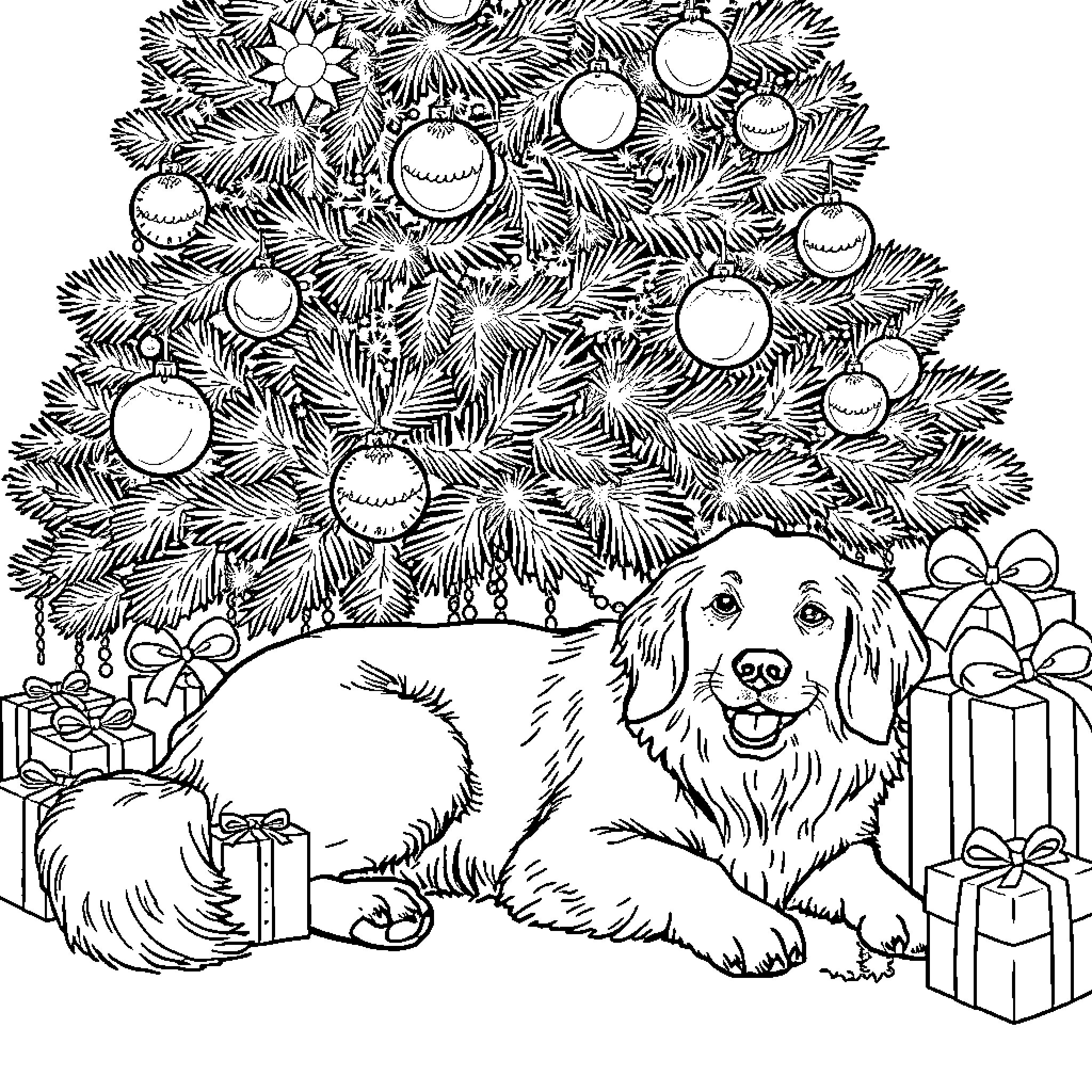 Golden Retriever enjoying Christmas festivities Coloring Page (free black-and-white line drawing printable PDF for all, from beginners to advanced learners, including children, teens, adults, and seniors)