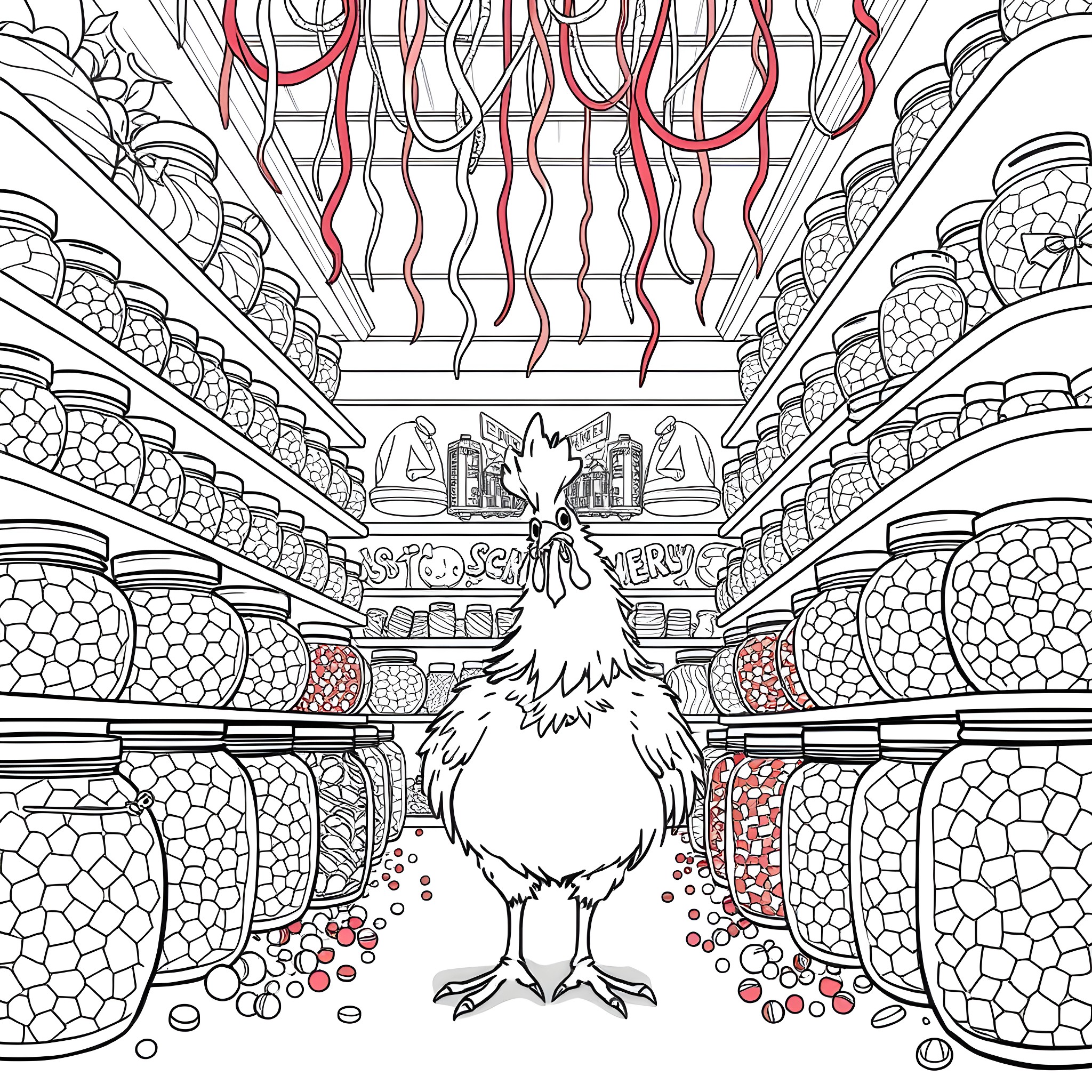 Thunderchicken strutting through a whimsical supermarket Coloring Page (free black-and-white line drawing printable PDF for all, from beginners to advanced learners, including children, teens, adults, and seniors)