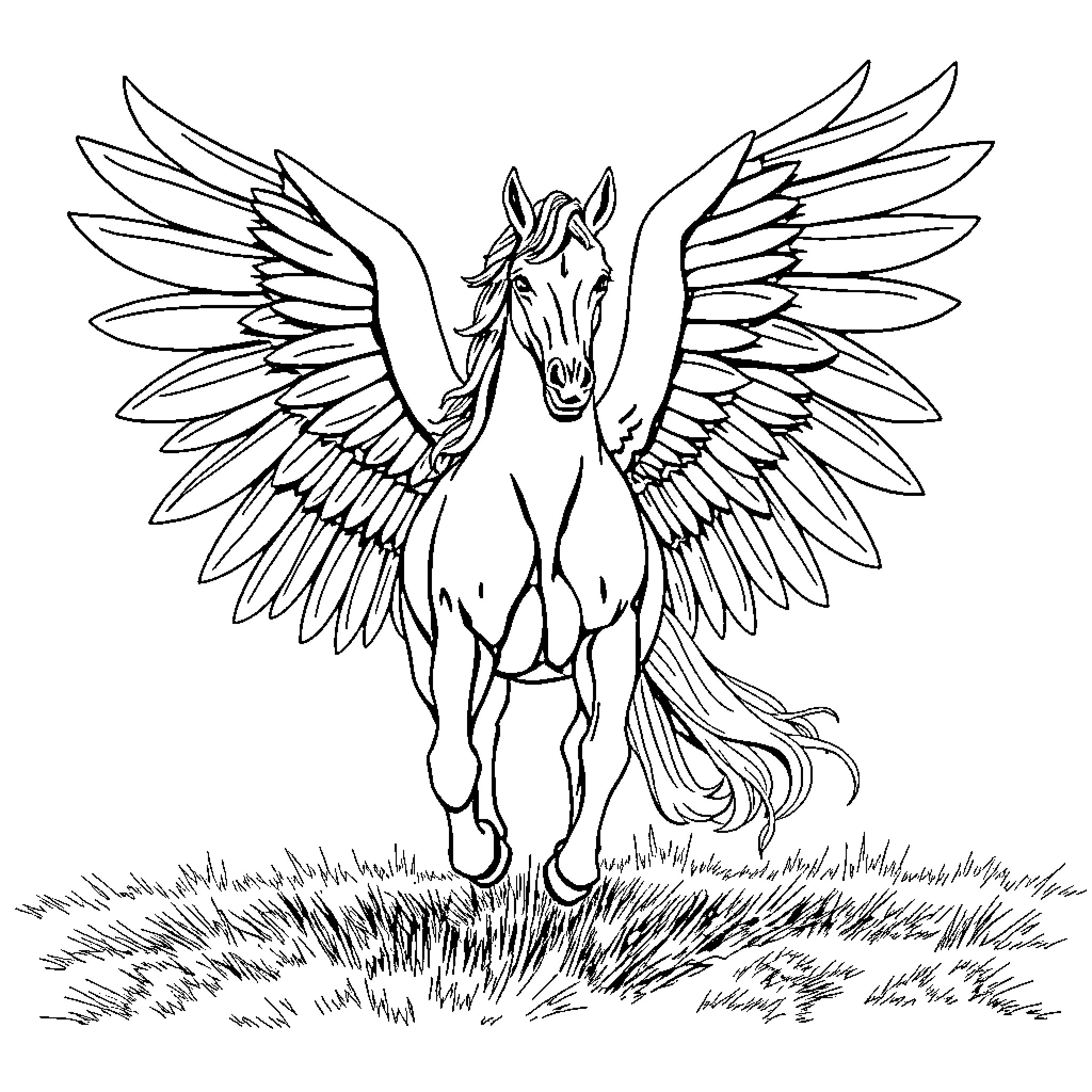 Pegasus soaring gracefully with majestic wings Coloring Page (free black-and-white line drawing printable PDF for all, from beginners to advanced learners, including children, teens, adults, and seniors)