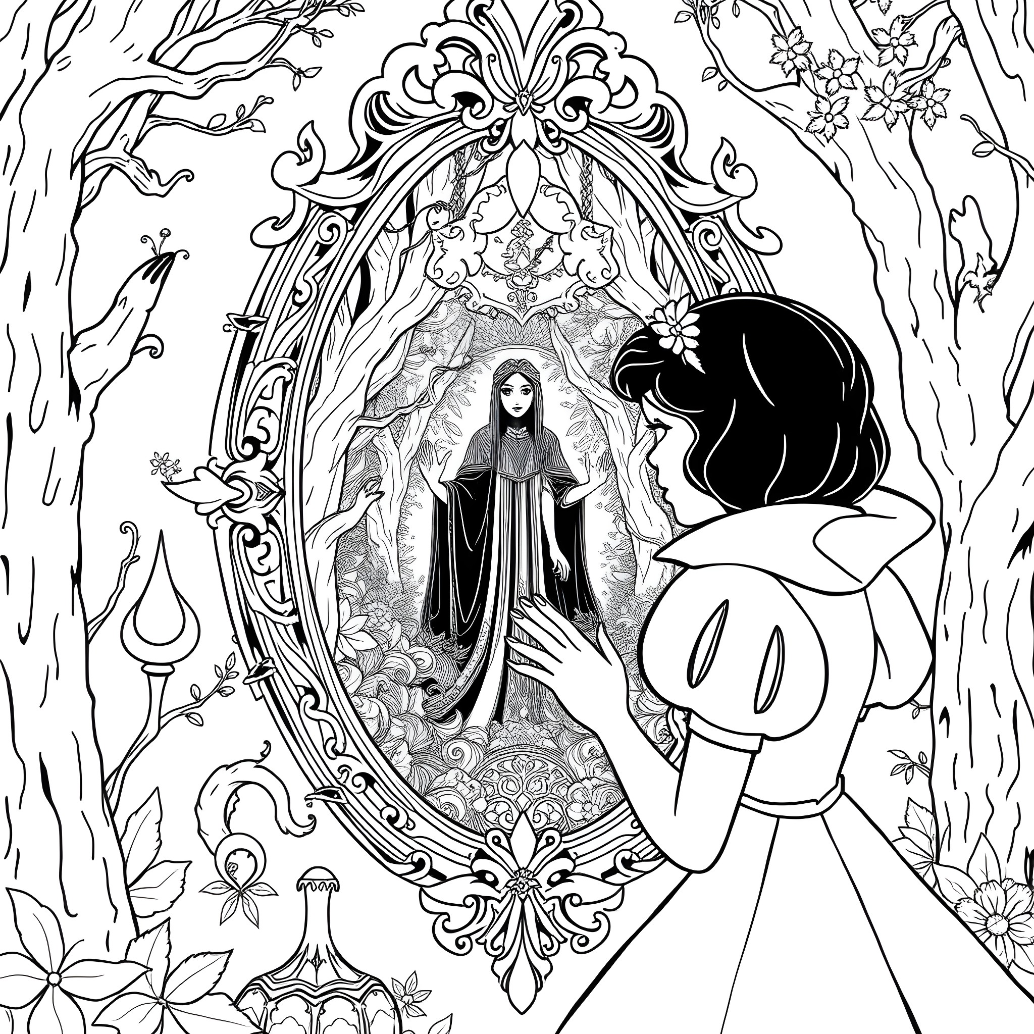 Snow White admiring the enchanted mirror in the forest Coloring Page (free black-and-white line drawing printable PDF for all, from beginners to advanced learners, including children, teens, adults, and seniors)