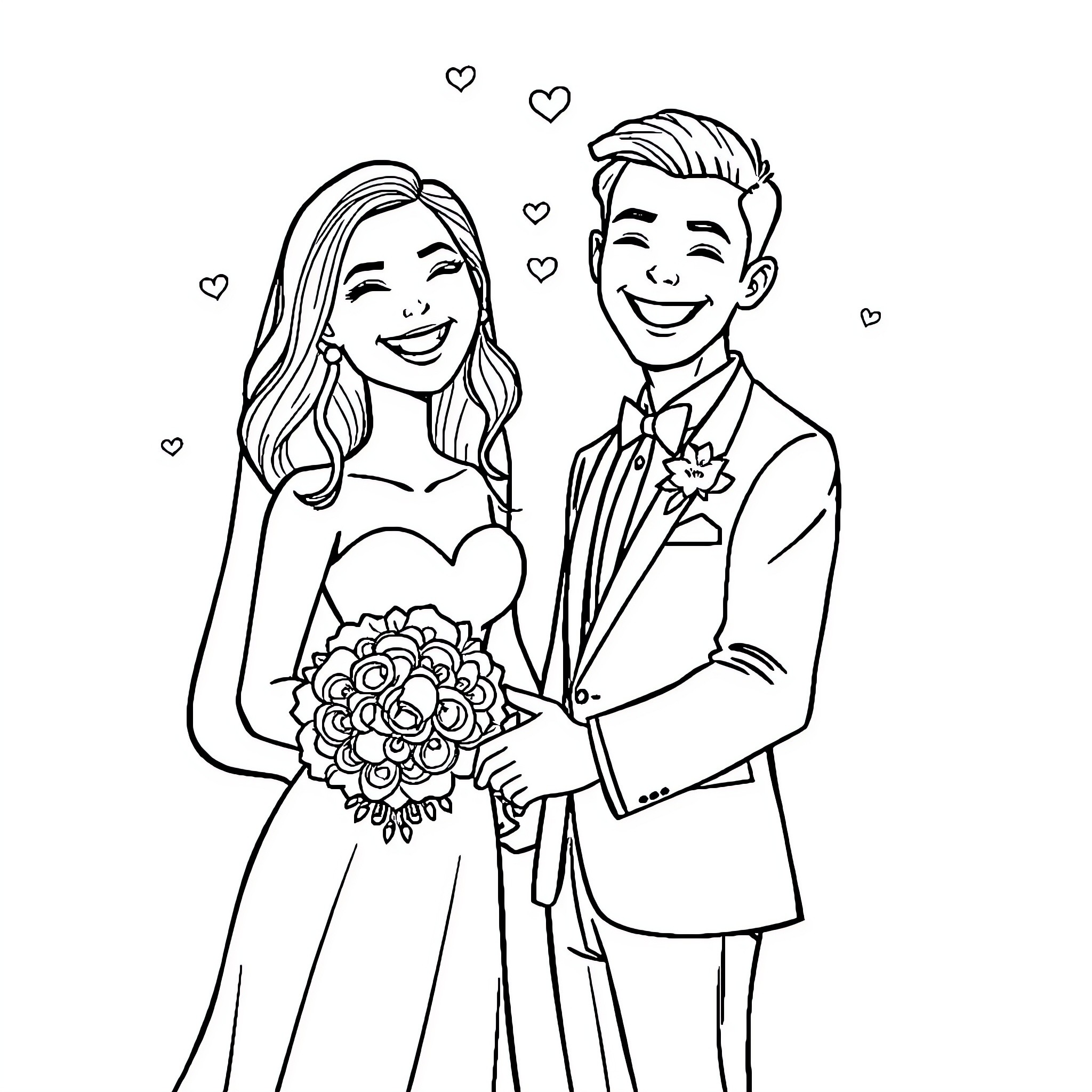 Couple celebrating their wedding day Coloring Page (free black-and-white line drawing printable PDF for all, from beginners to advanced learners, including children, teens, adults, and seniors)