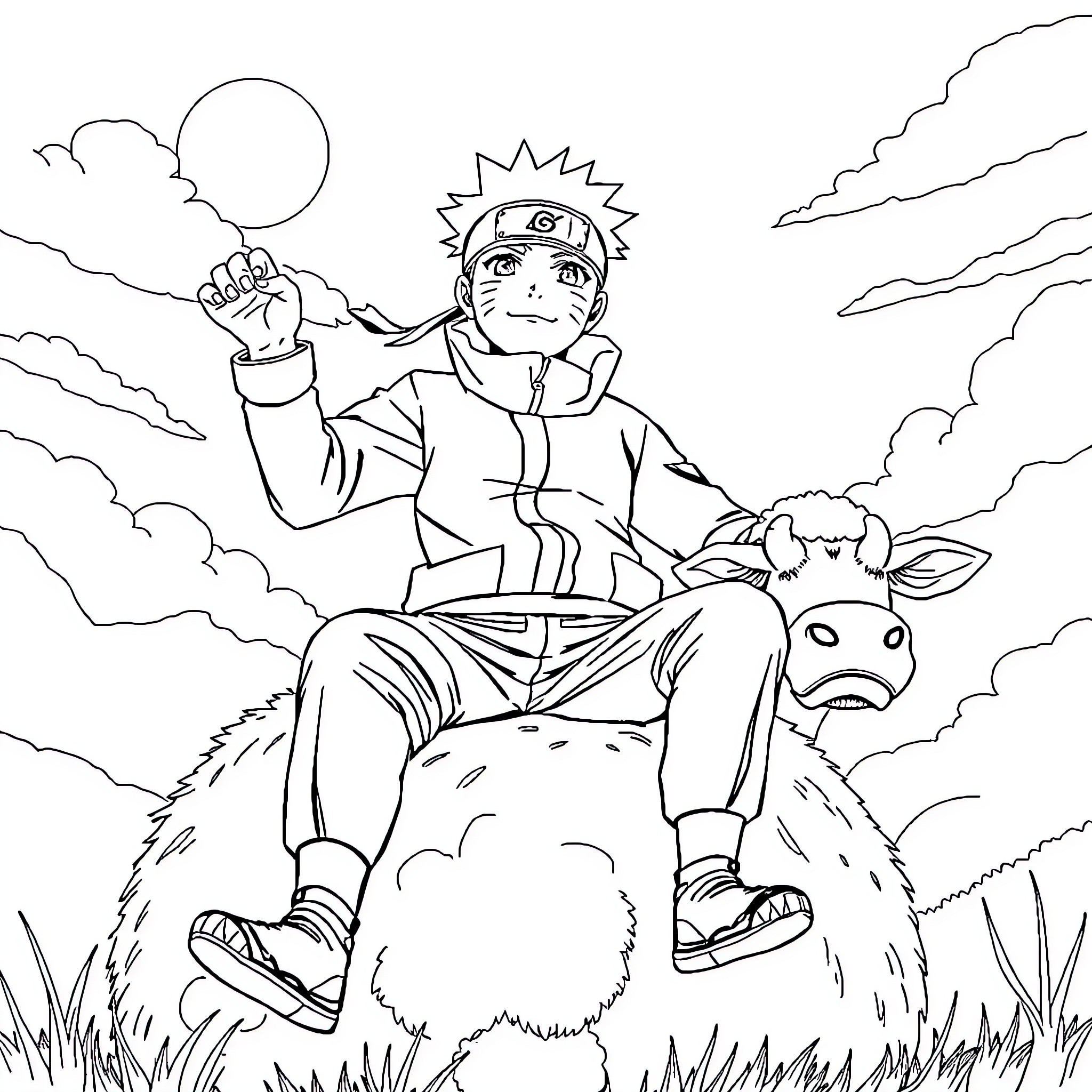 Naruto riding a furry creature through the clouds Coloring Page (free black-and-white line drawing printable PDF for all, from beginners to advanced learners, including children, teens, adults, and seniors)