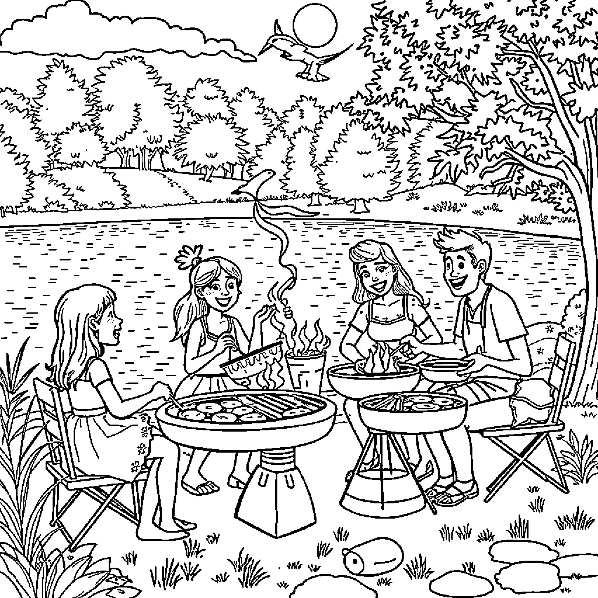 Family Enjoying Outdoor Picnic by the Lake Coloring Page (free black-and-white line drawing printable PDF for all, from beginners to advanced learners, including children, teens, adults, and seniors)