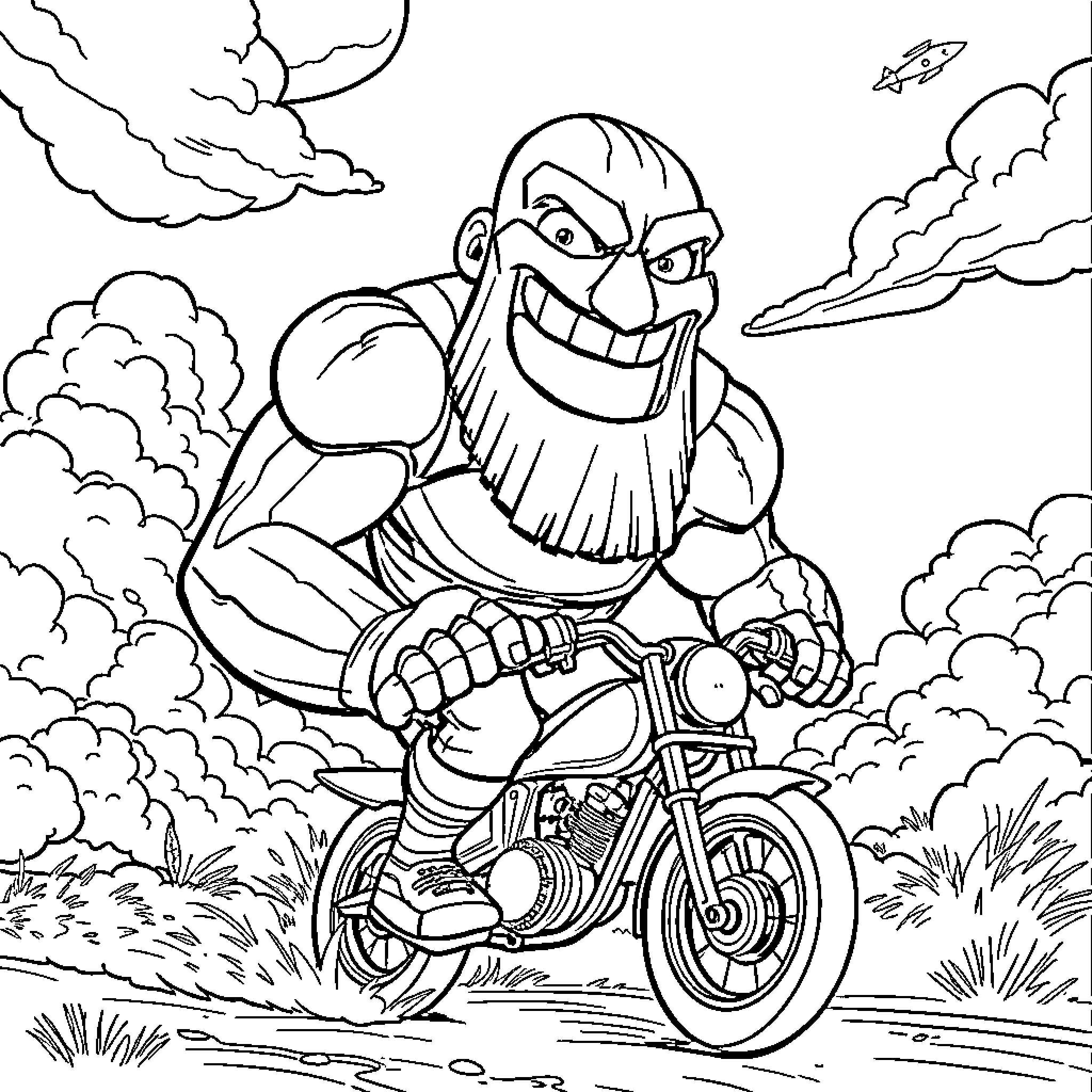 Titan riding a motorcycle through the clouds Coloring Page (free black-and-white line drawing printable PDF for all, from beginners to advanced learners, including children, teens, adults, and seniors)