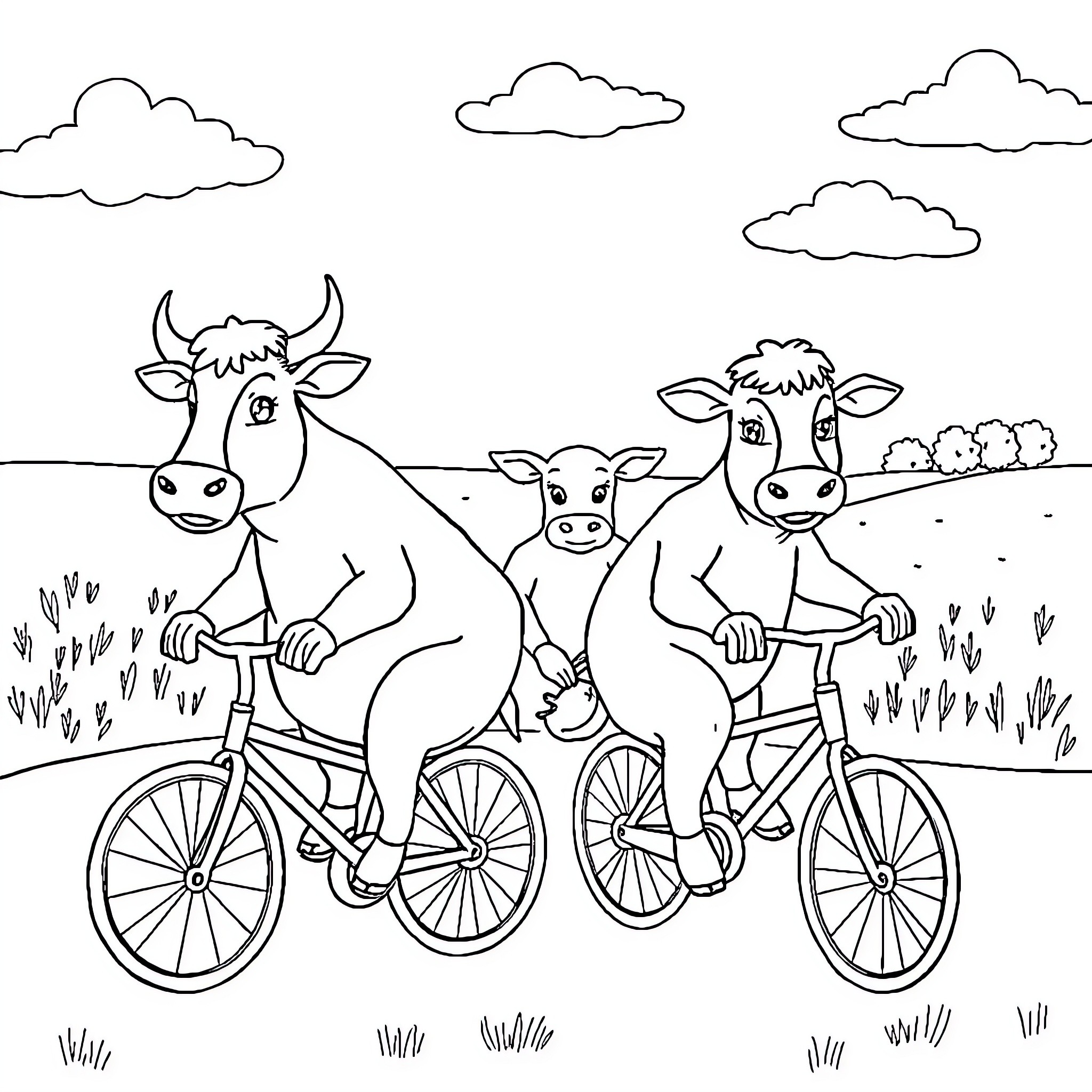 Schwein Cows Riding Bicycles in Scenic Countryside Coloring Page (free black-and-white line drawing printable PDF for all, from beginners to advanced learners, including children, teens, adults, and seniors)