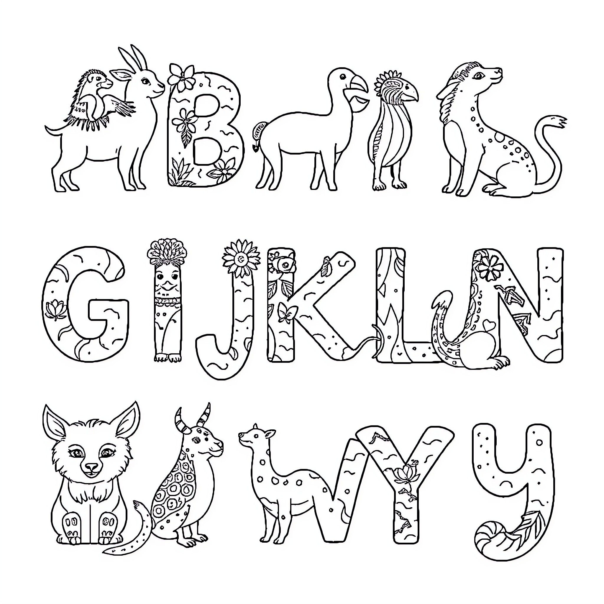 Animal alphabet with illustrated creatures Coloring Page (free black-and-white line drawing printable PDF for all, from beginners to advanced learners, including children, teens, adults, and seniors)