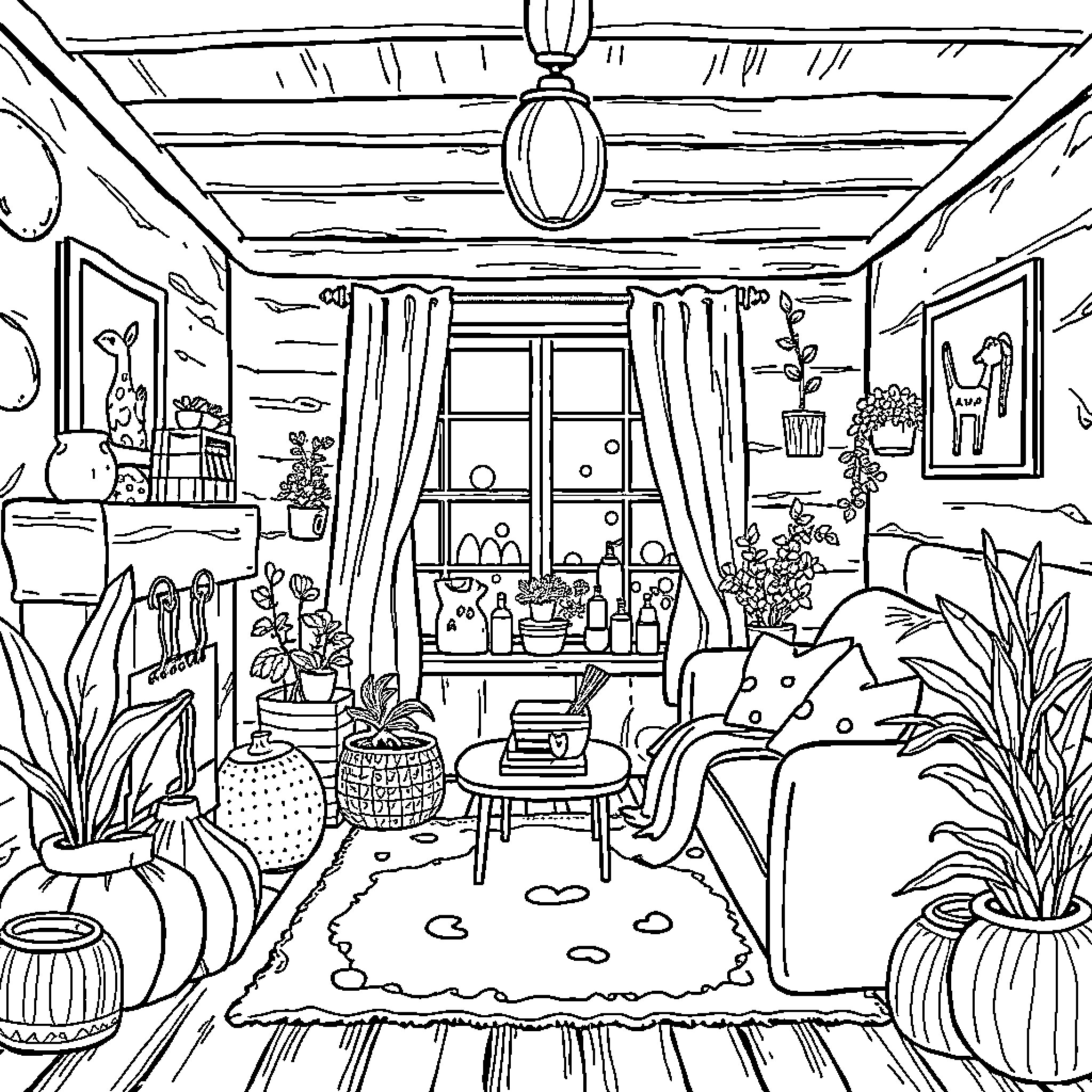 Cozy Cottage Comfort: A Charming Interior Scene Coloring Page (free black-and-white line drawing printable PDF for all, from beginners to advanced learners, including children, teens, adults, and seniors)