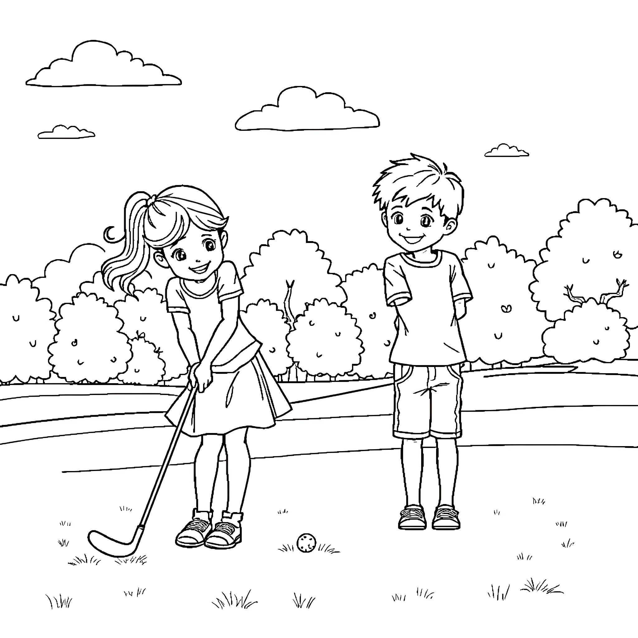 Child enjoying outdoor activities with friend Coloring Page (free black-and-white line drawing printable PDF for all, from beginners to advanced learners, including children, teens, adults, and seniors)