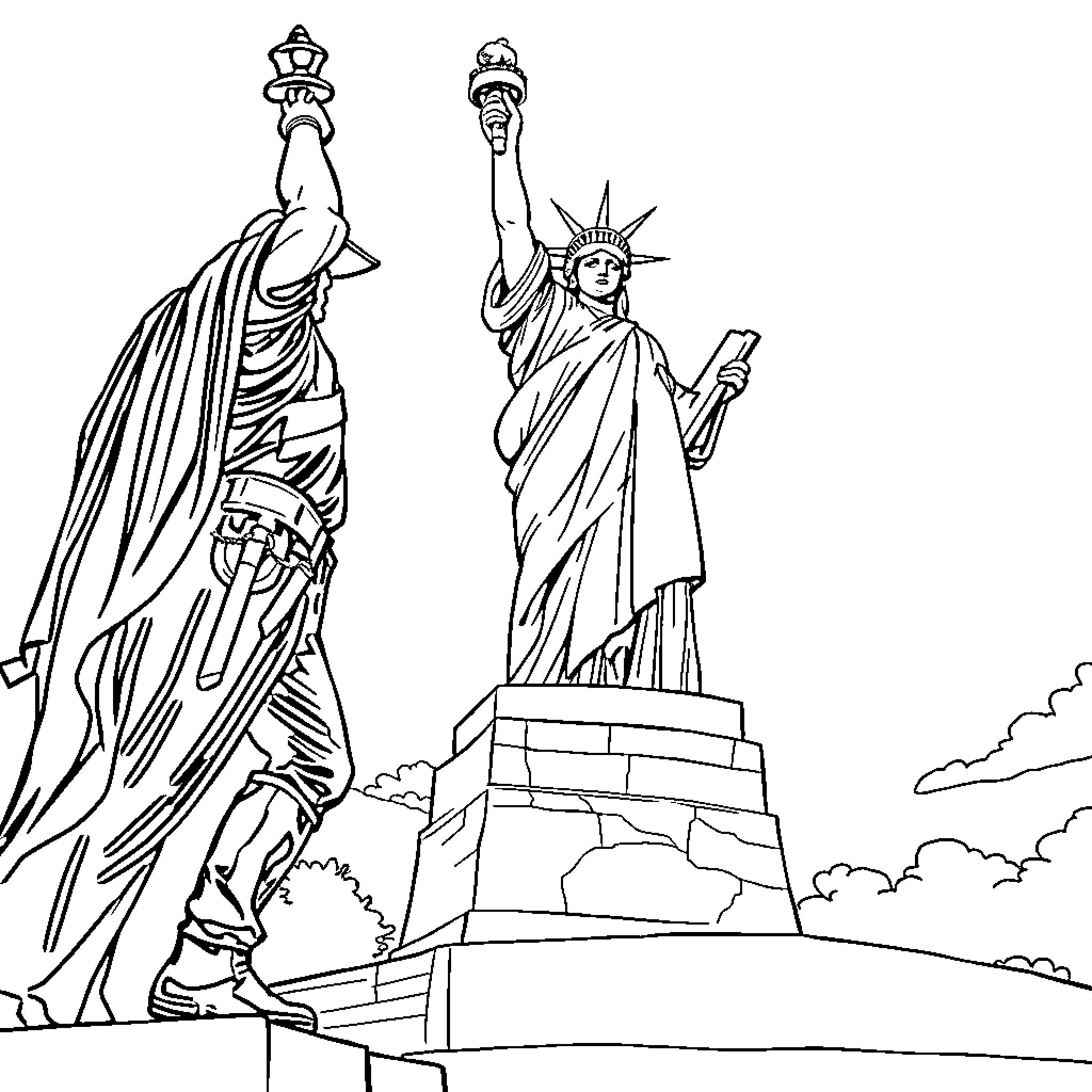 Spider-Man visits the Statue of Liberty Coloring Page (free black-and-white line drawing printable PDF for all, from beginners to advanced learners, including children, teens, adults, and seniors)
