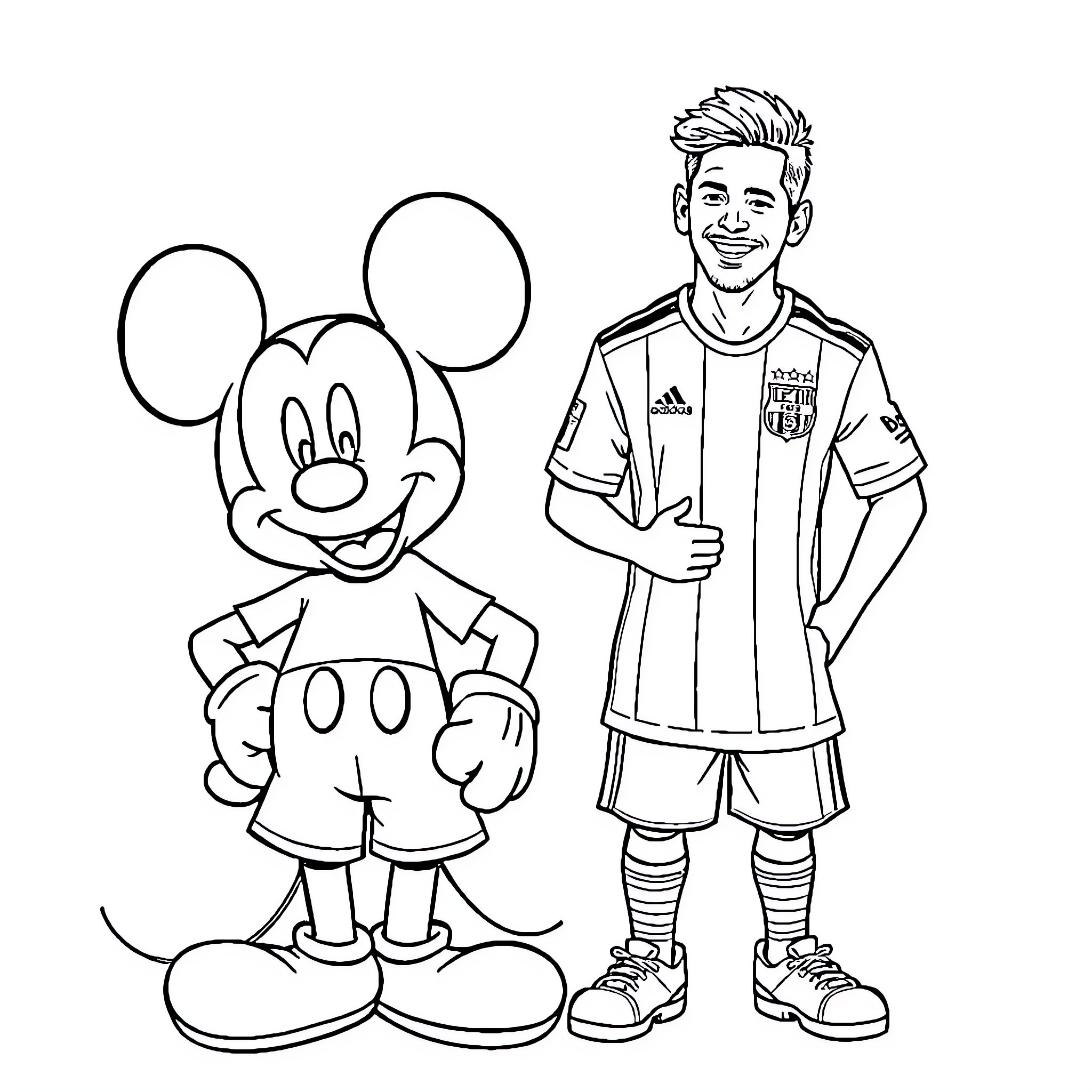 Mickey Meets Smiling Soccer Player in Stadium Coloring Page (free black-and-white line drawing printable PDF for all, from beginners to advanced learners, including children, teens, adults, and seniors)