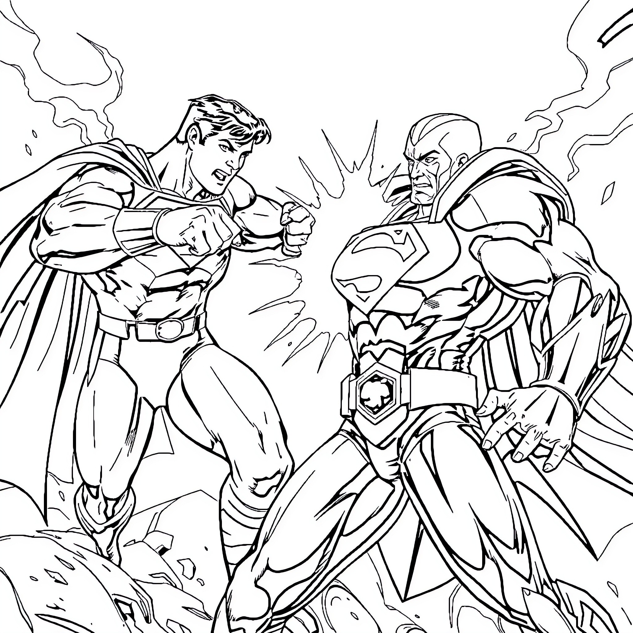 Superman's Heroic Clash with a Powerful Adversary Coloring Page (free black-and-white line drawing printable PDF for all, from beginners to advanced learners, including children, teens, adults, and seniors)