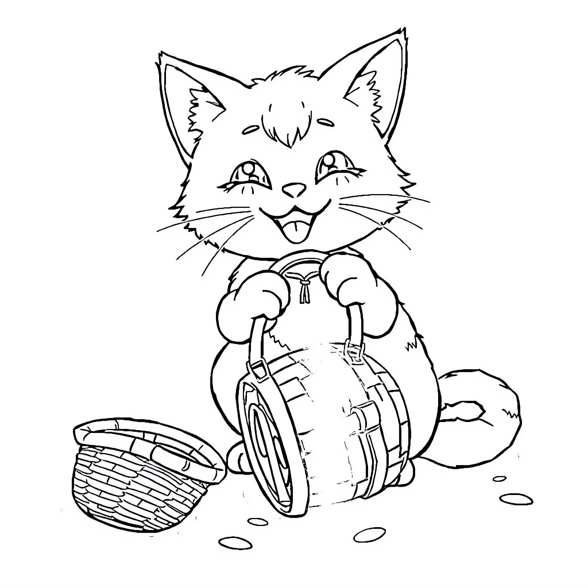 Cat riding a toy tricycle with a basket Coloring Page (free black-and-white line drawing printable PDF for all, from beginners to advanced learners, including children, teens, adults, and seniors)