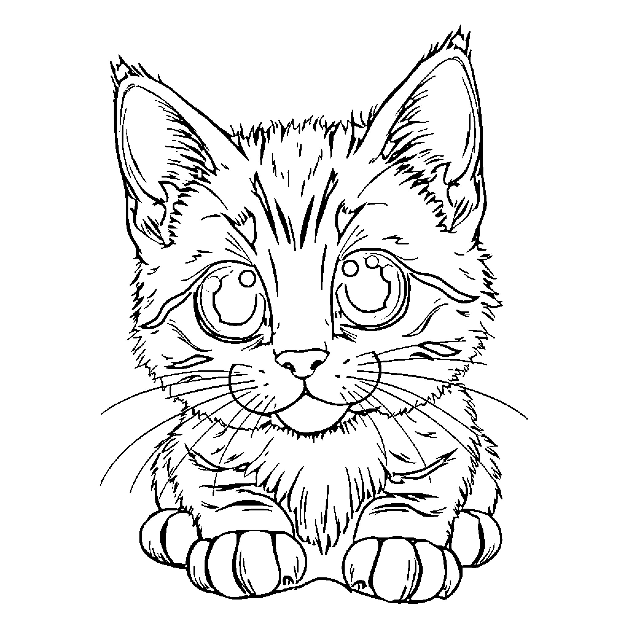 Kitten staring intently with big eyes Coloring Page (free black-and-white line drawing printable PDF for all, from beginners to advanced learners, including children, teens, adults, and seniors)